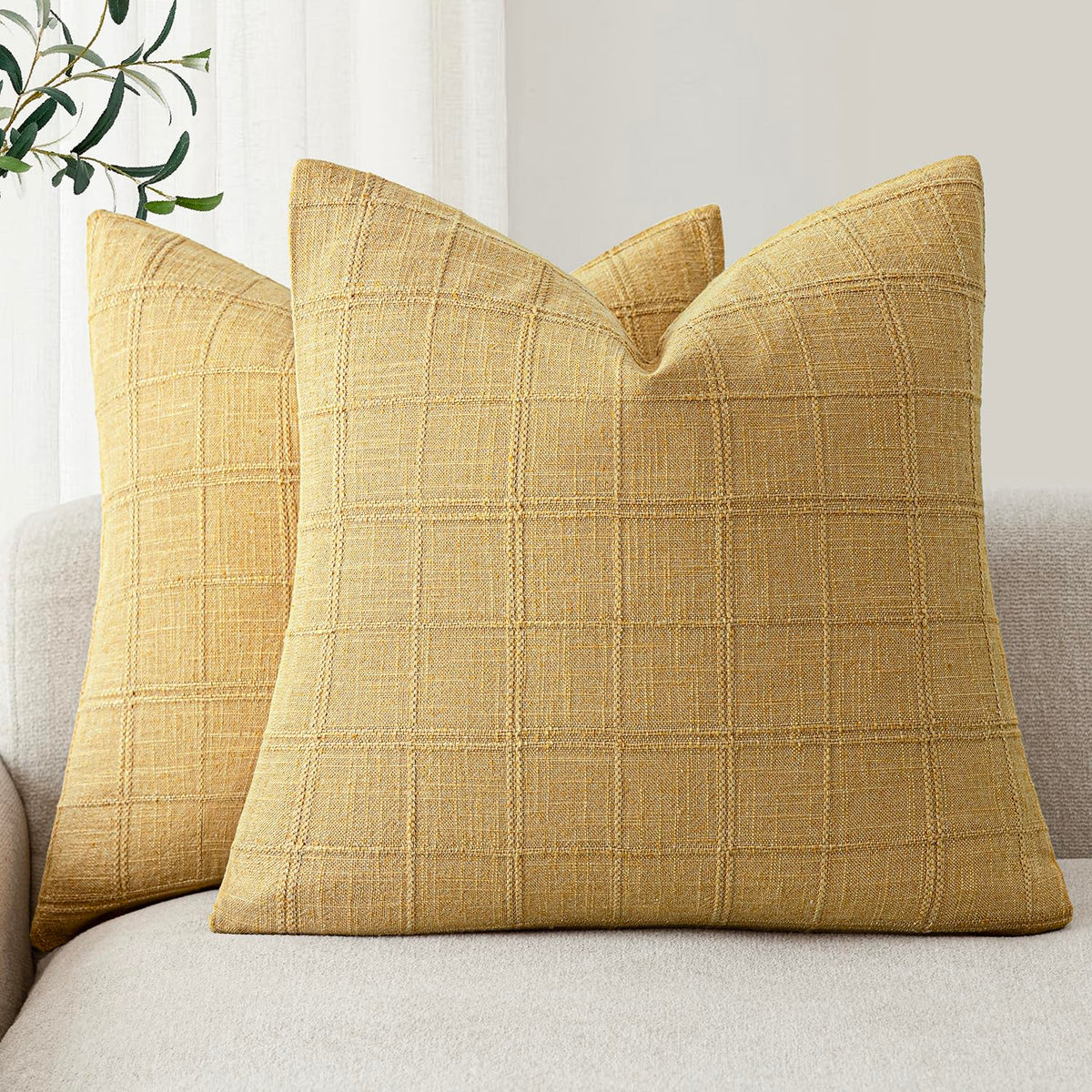 Foindtower Boho Linen Check Decorative Throw Pillow Cover 18×18 Olive Green