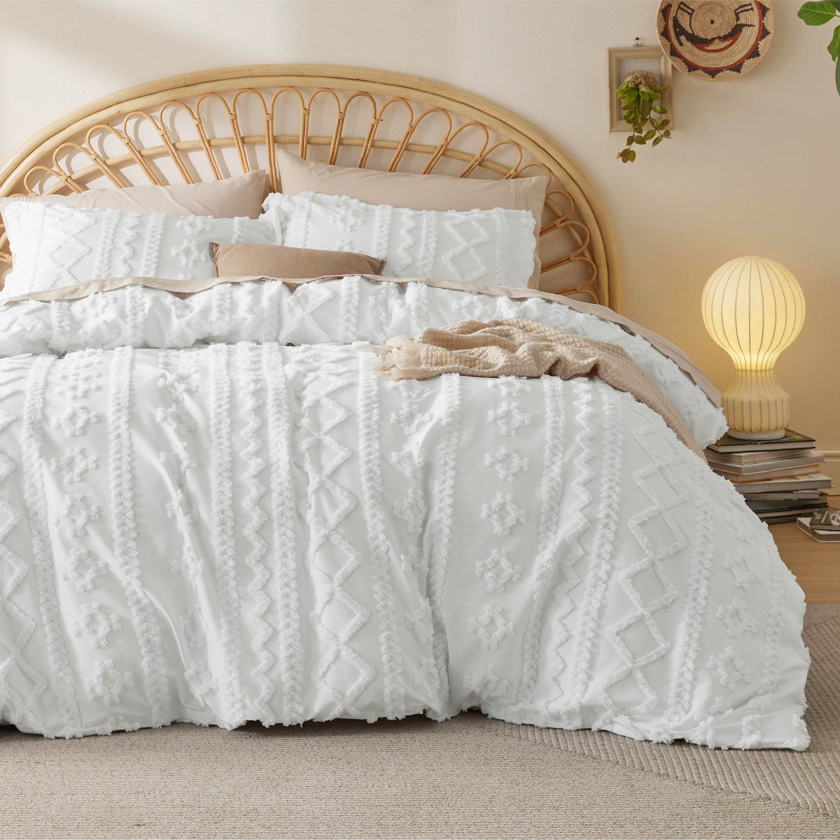Bedsure Boho Duvet Cover Queen, Tufted Embroidery, 3-Piece, Beige