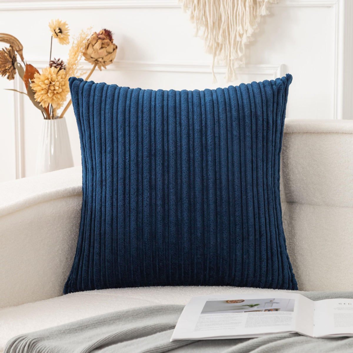 UGASA Velvet 12x20 Inch Lumbar Soft Throw Pillow Cover Boho Farmhouse Decorative Corduroy Striped Both Sides Solid Rectangular Cushion Case for Couch Bedroom Sofa Home, 1 Piece, Beige