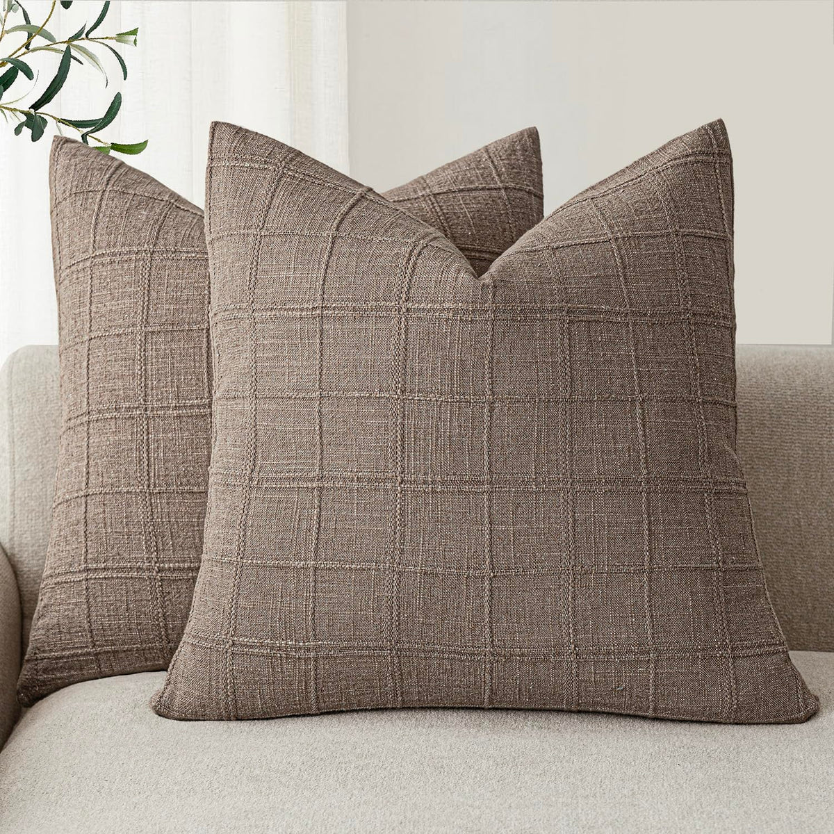 Foindtower Boho Linen Check Decorative Throw Pillow Cover 18×18 Olive Green