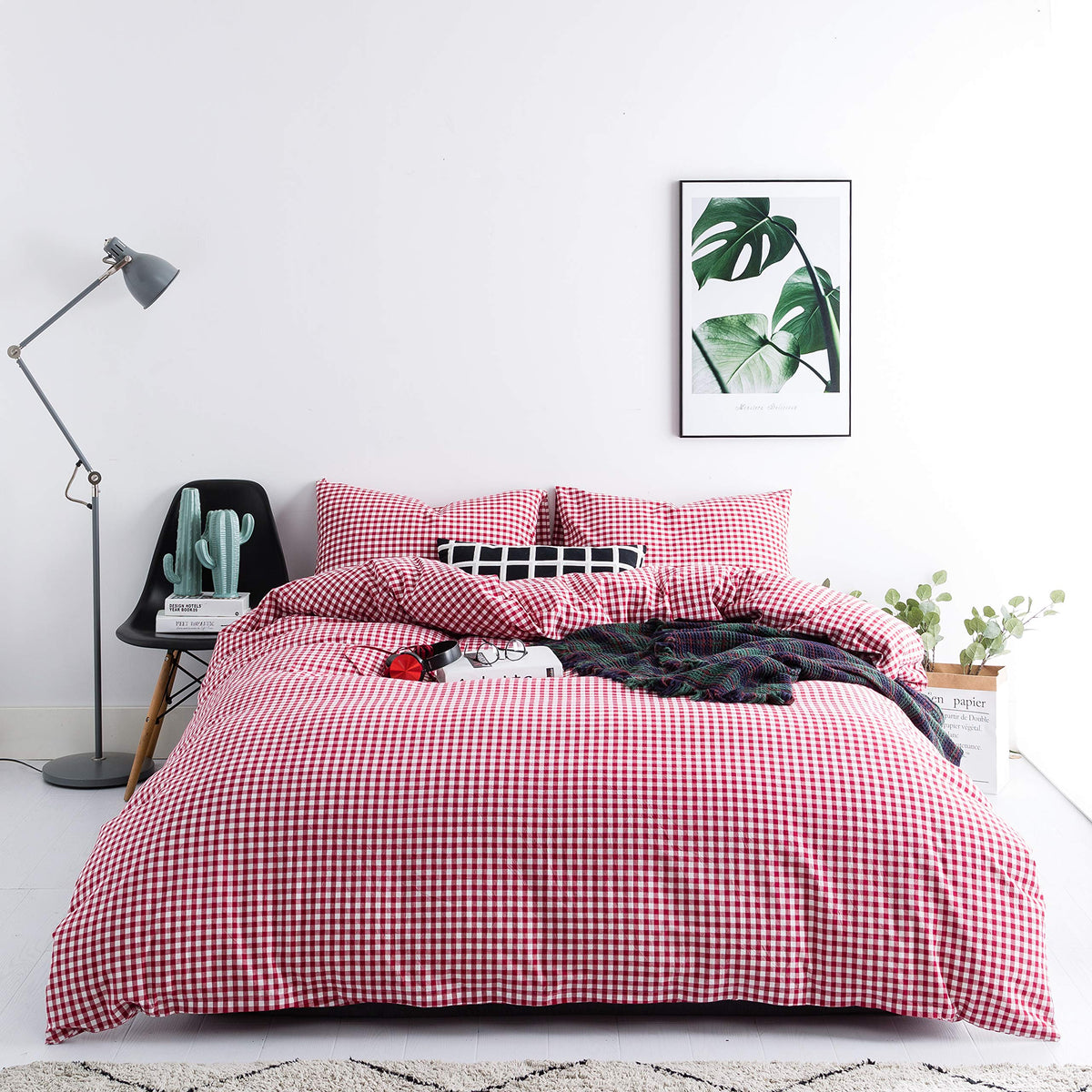 SUSYBAO Light Blue Gingham Duvet Cover Queen 100% Washed Cotton Blue Plaid Duvet Cover Set 3 Pieces 1 Blue Grid Duvet Cover with Zipper Ties 2 Pillow Cases Luxury Gingham Plaid Bedding Set Breathable
