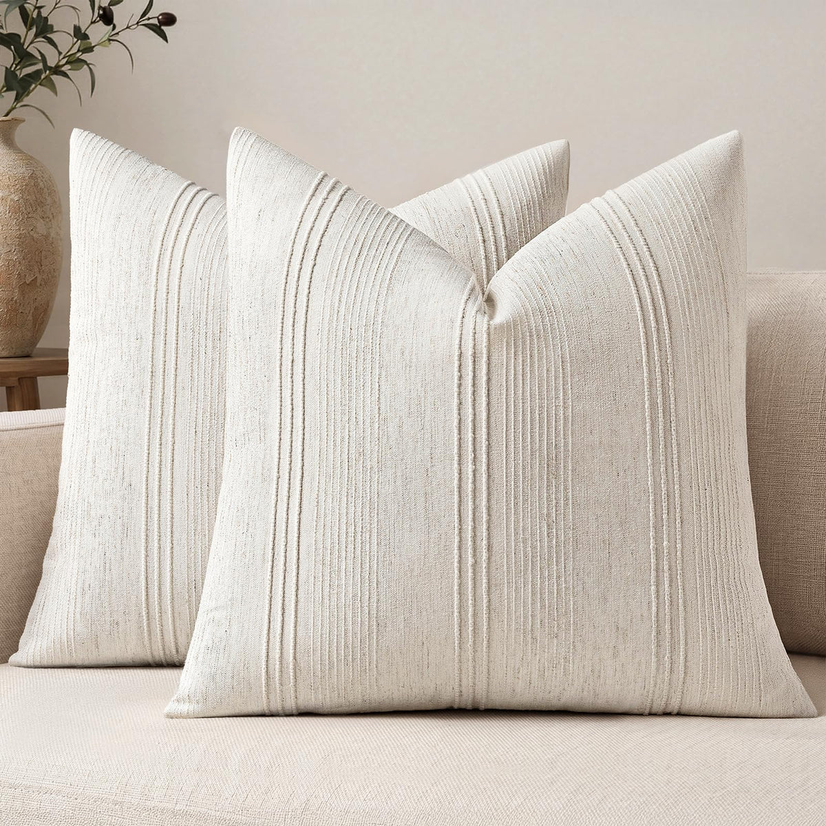 MIULEE Decorative Striped Throw Pillow Covers 18x18 in Natural Beige 2 Pack