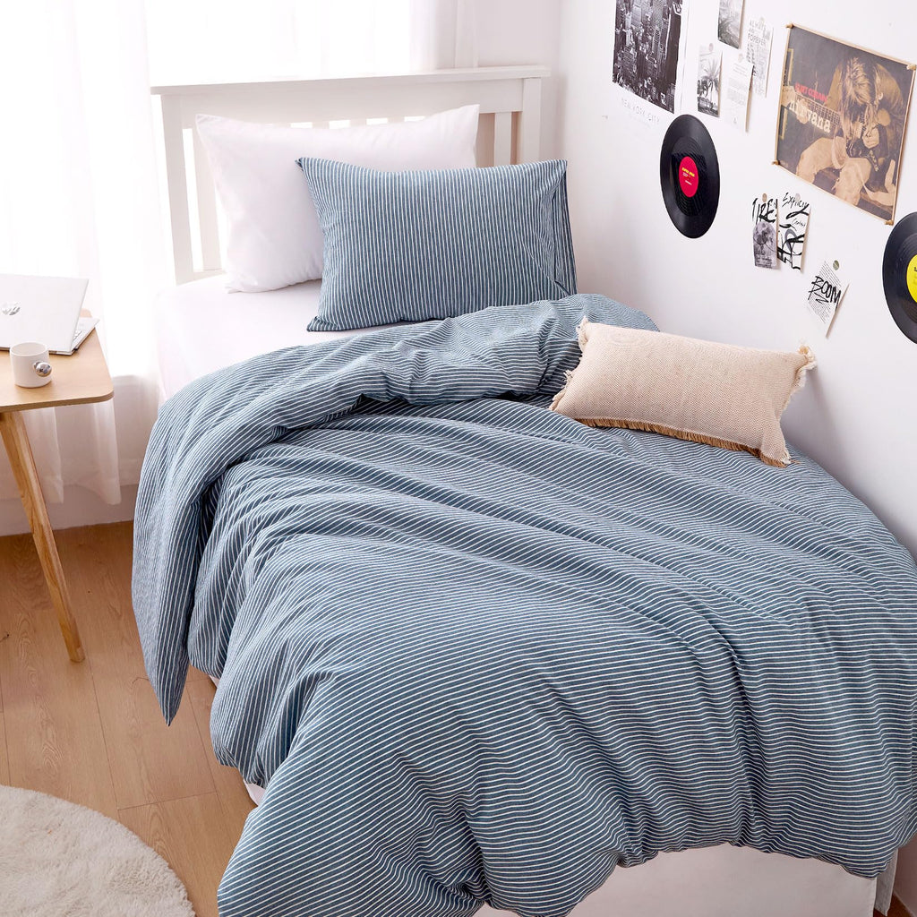 Wake In Cloud Striped Cotton Duvet Cover Set, Denim Blue, Queen