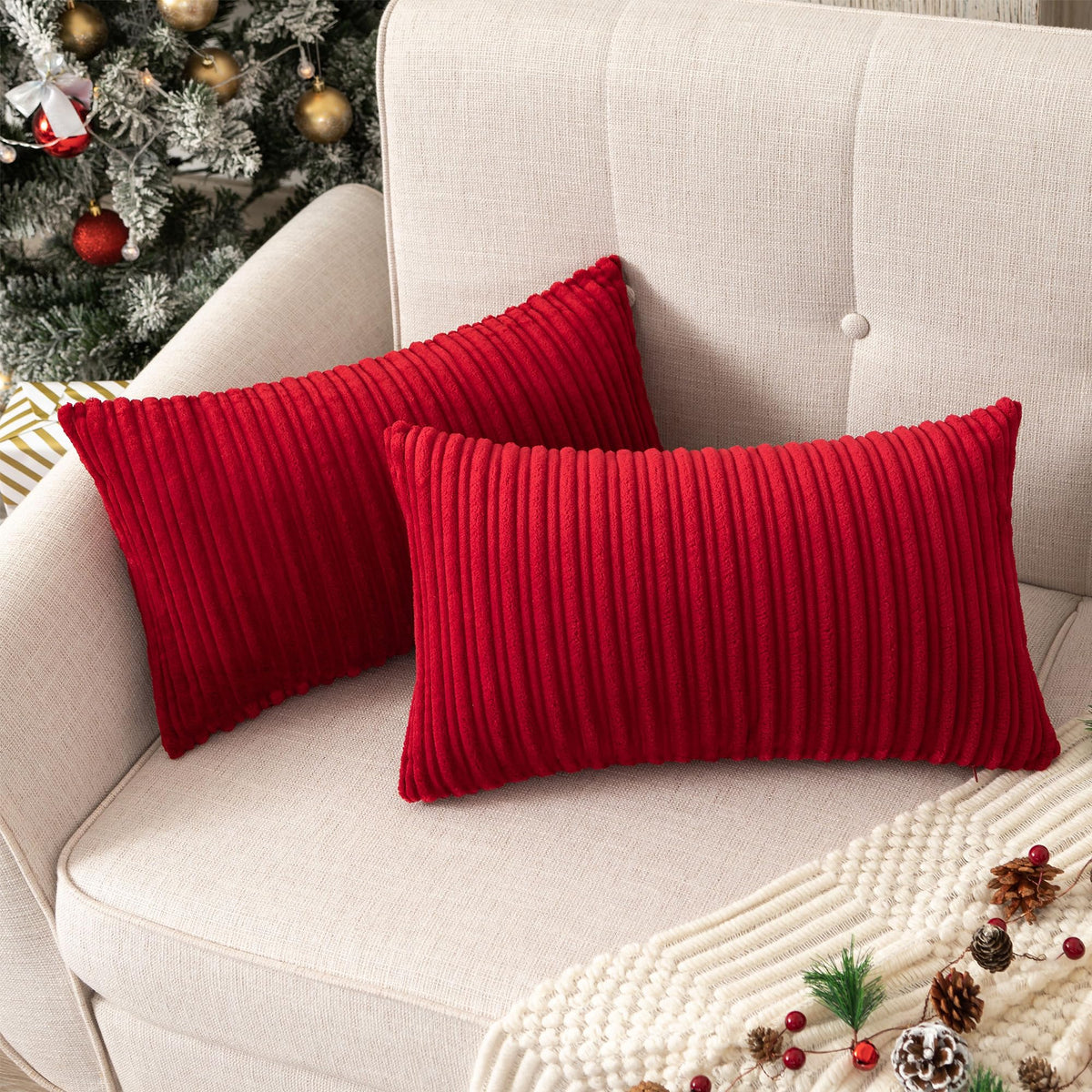 UGASA Velvet 12x20 Inch Lumbar Soft Throw Pillow Cover Boho Farmhouse Decorative Corduroy Striped Both Sides Solid Rectangular Cushion Case for Couch Bedroom Sofa Home, 1 Piece, Beige