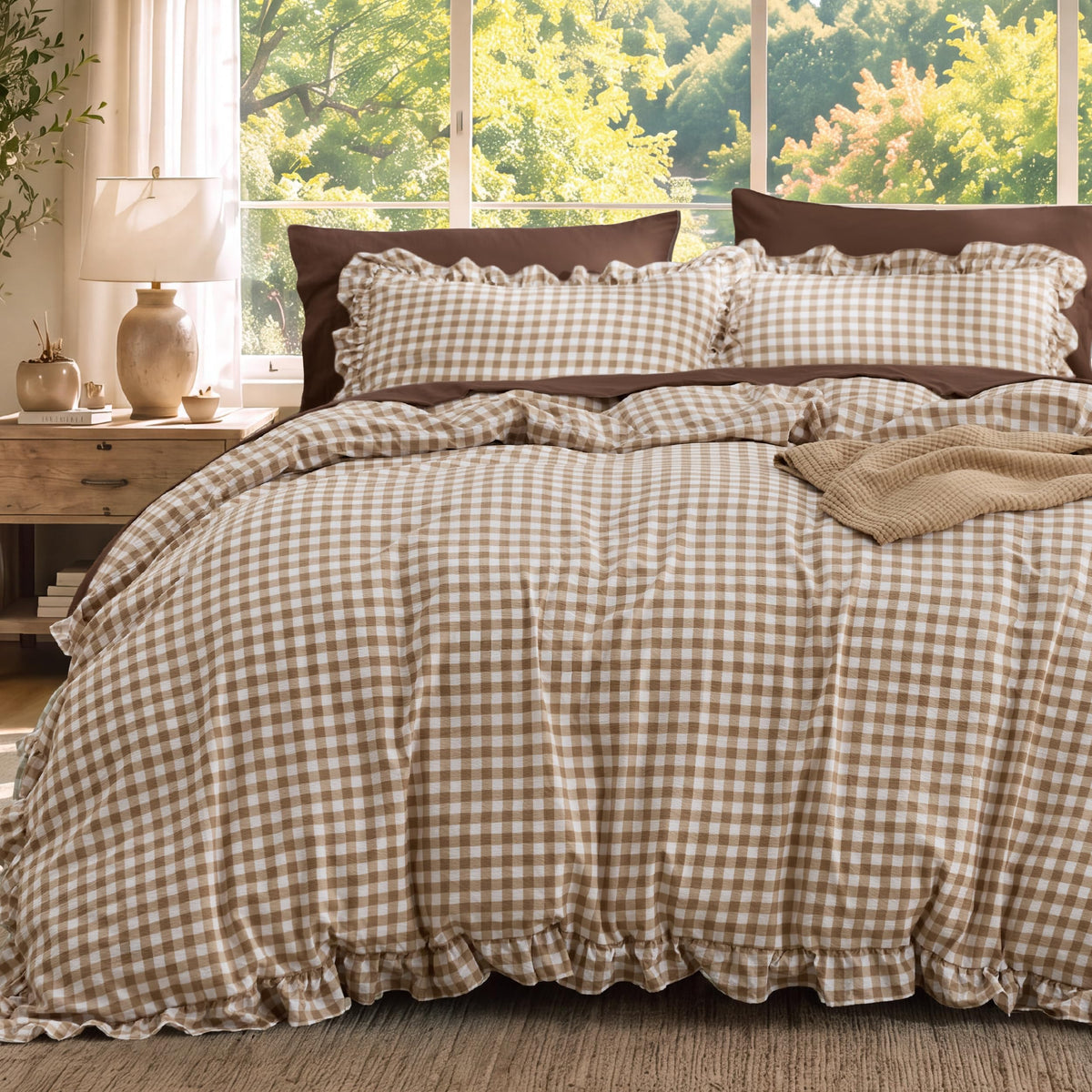 Bedsure Gingham Ruffle Duvet Cover Set, Queen, Cotton-Like Bed, Olive Green