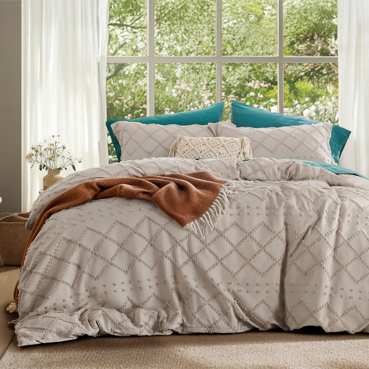 Bedsure White Boho Duvet Cover Queen, Soft Vintage Embroidery