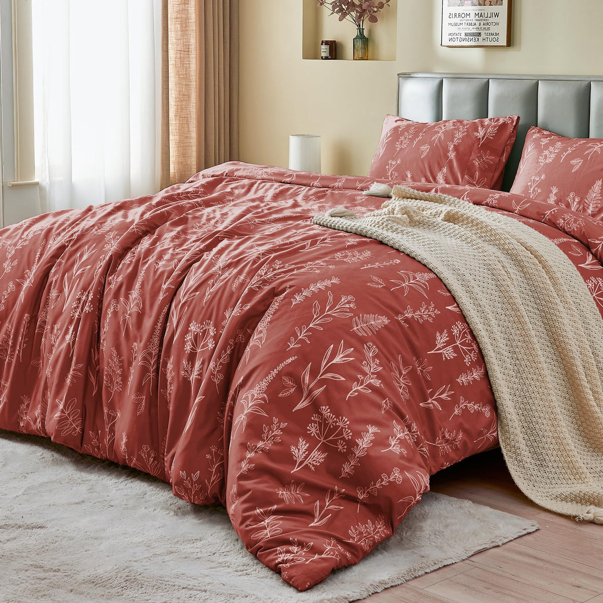 MUXHOMO Duvet Cover Queen Size, Reversible Floral Green Duvet Cover Set with Zipper Closure, 3 Pieces Botanical Patterns Soft Microfiber Bedding Set with 4 Ties (90"x90", 2 Pillow Cases)