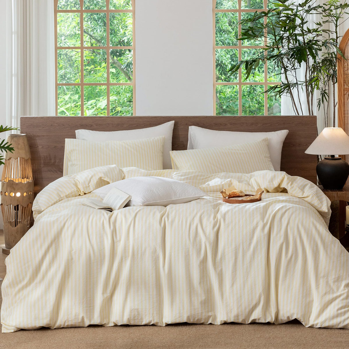 MooMee Striped Duvet Cover Set 100% Washed Cotton Linen Like Queen