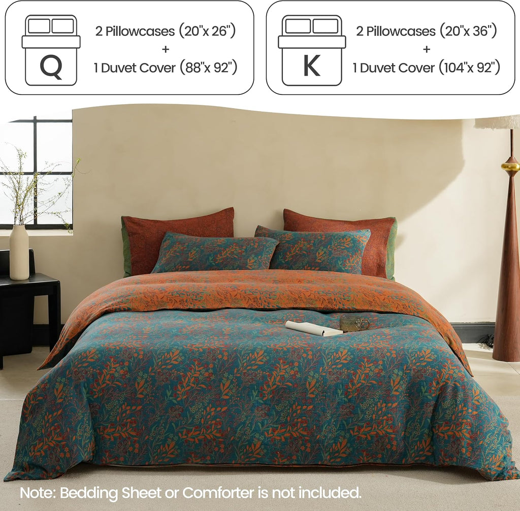 BISELINA 100% Cotton Muslin Duvet Cover Set King, 3 Pcs Yarn-Dyed Jacquard Textured Reversible Floral Design, Soft and Breathable Bedding Set with Zipper Closure, Blue Orange