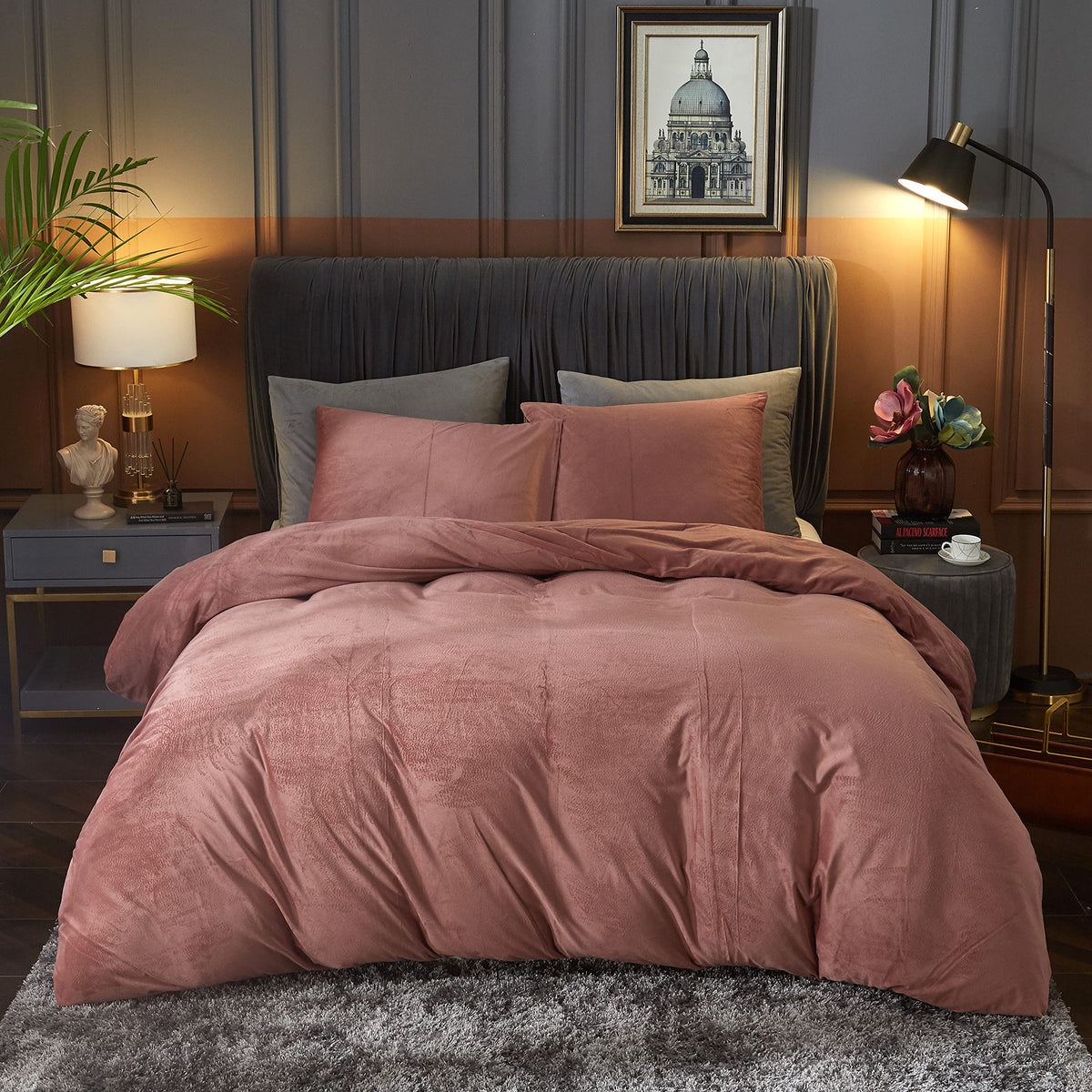 Ivellow Velvet Duvet Cover Queen Set, 3 Pcs Olive Green, Zipper Corner Ties