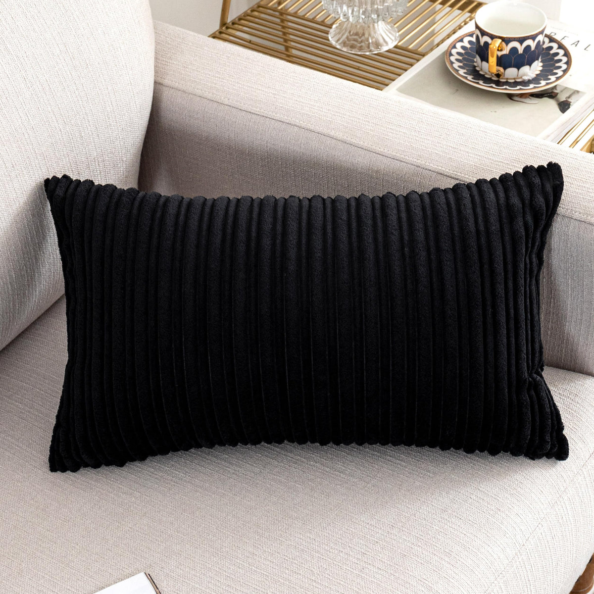 UGASA Velvet 12x20 Inch Lumbar Soft Throw Pillow Cover Boho Farmhouse Decorative Corduroy Striped Both Sides Solid Rectangular Cushion Case for Couch Bedroom Sofa Home, 1 Piece, Beige