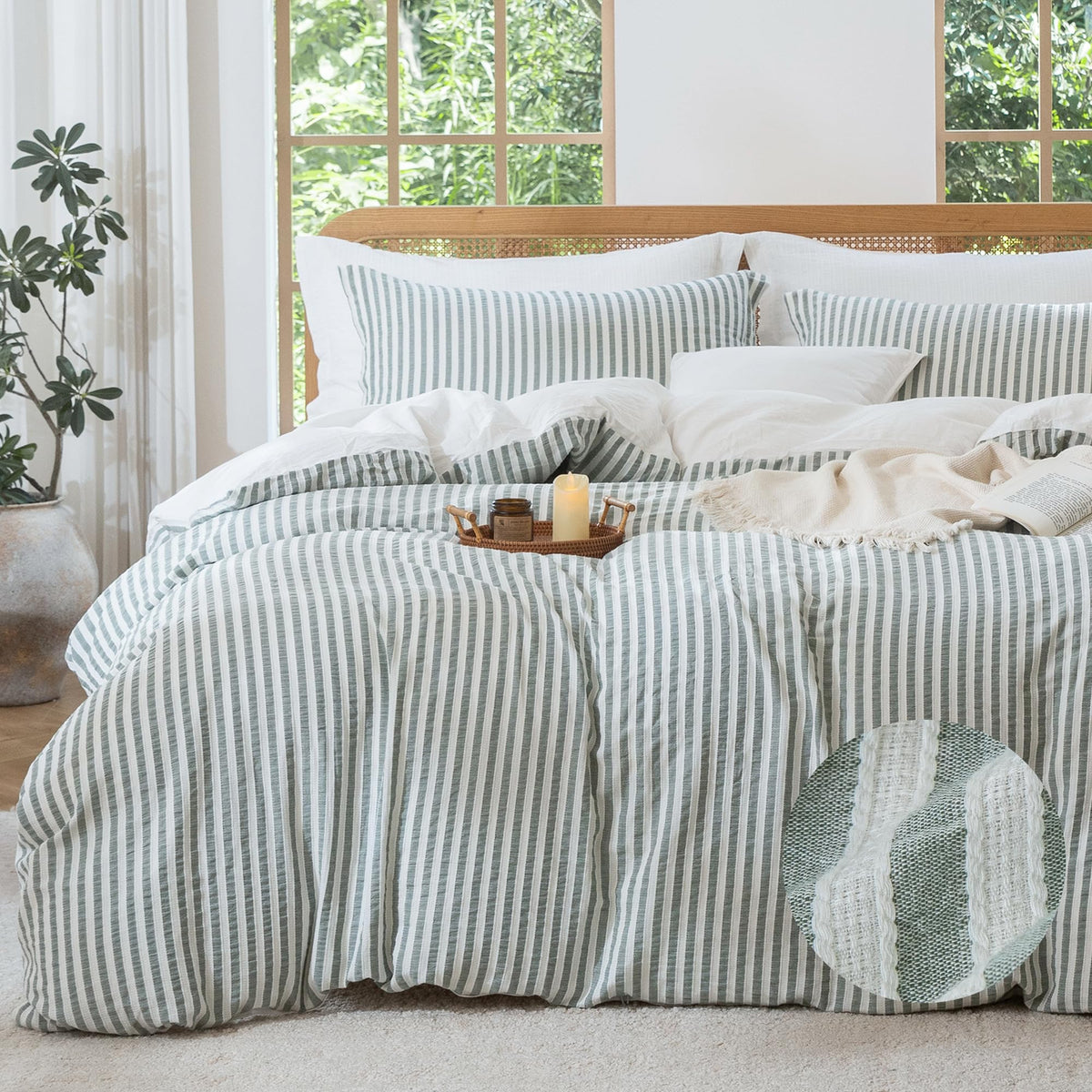 MILDLY Jacquard Striped Duvet Cover Set 3pcs Dual Zipper Blue Queen