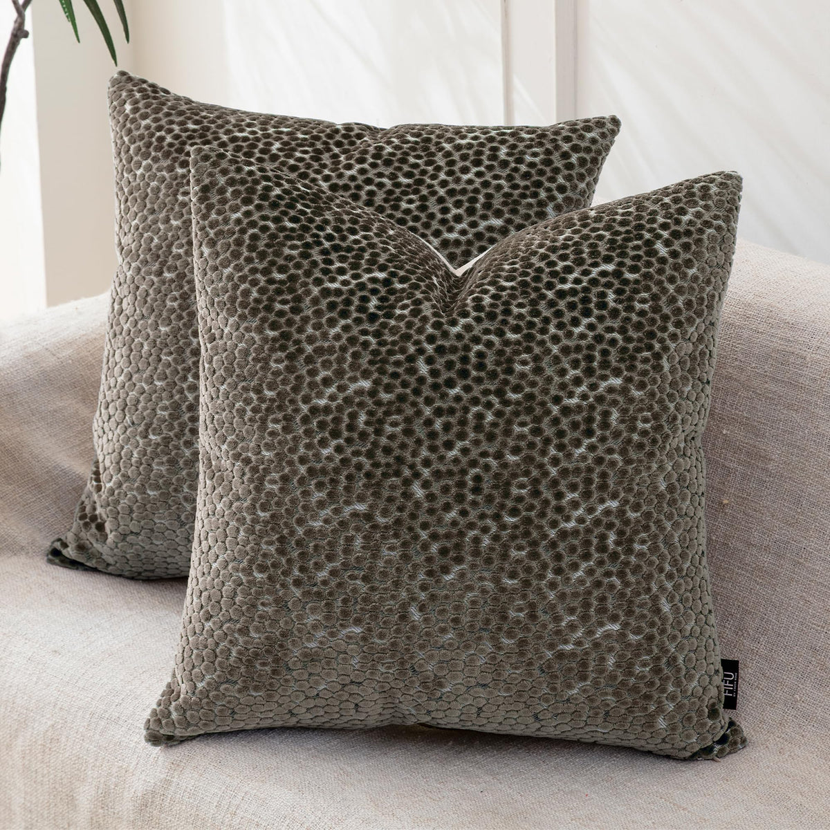 FIFU 18x18 Inch Throw Pillow Covers Set of 2, Jacquard Velvet, Olive Green