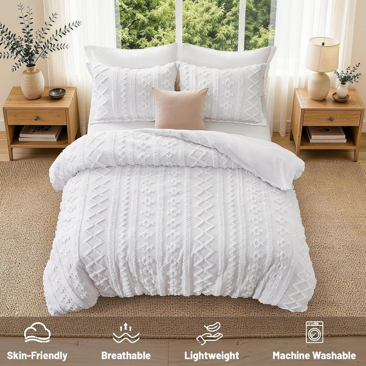 Maple&Stone Boho Duvet Cover Queen, White Tufted 3-Piece Set