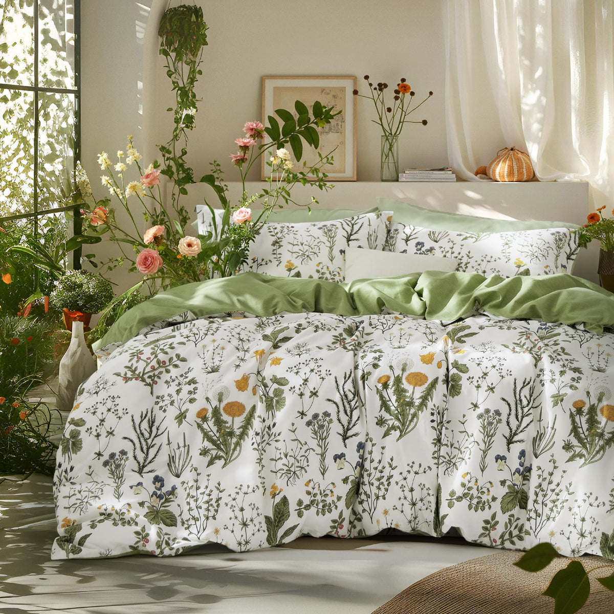 Bedsure PureWoven 100% Cotton Floral Duvet Cover Set, Queen, Green Garden