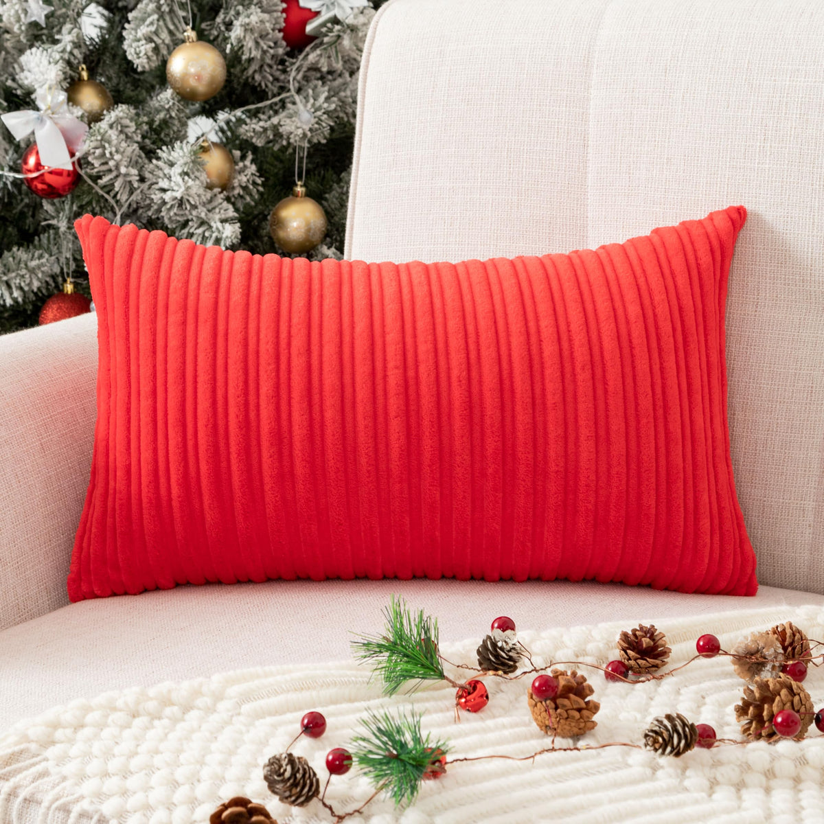 UGASA Velvet 12x20 Inch Lumbar Soft Throw Pillow Cover Boho Farmhouse Decorative Corduroy Striped Both Sides Solid Rectangular Cushion Case for Couch Bedroom Sofa Home, 1 Piece, Beige