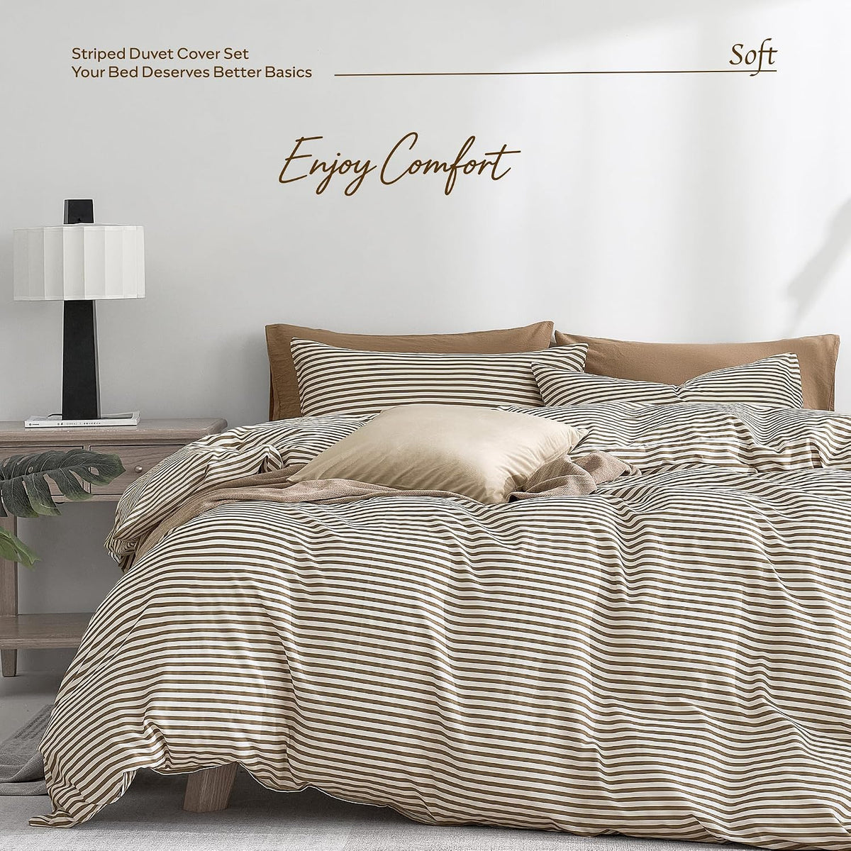JELLYMONI 100% Cotton Classic Striped Queen Duvet Cover Set, Tan/White