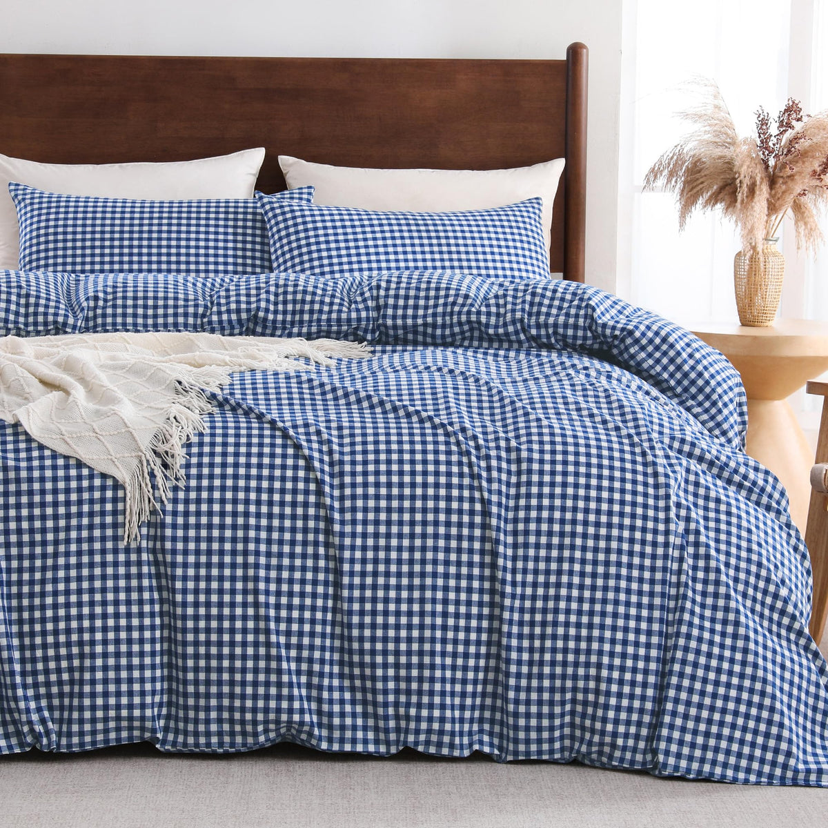 Cotton Brown Gingham Duvet Cover Bedding Set Linen Like, Queen