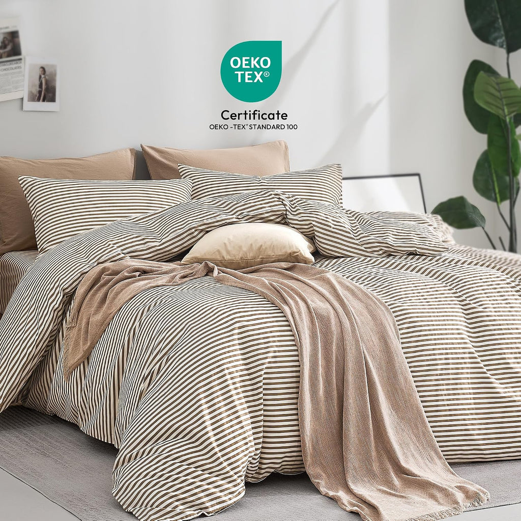 JELLYMONI 100% Cotton Classic Striped Queen Duvet Cover Set, Tan/White