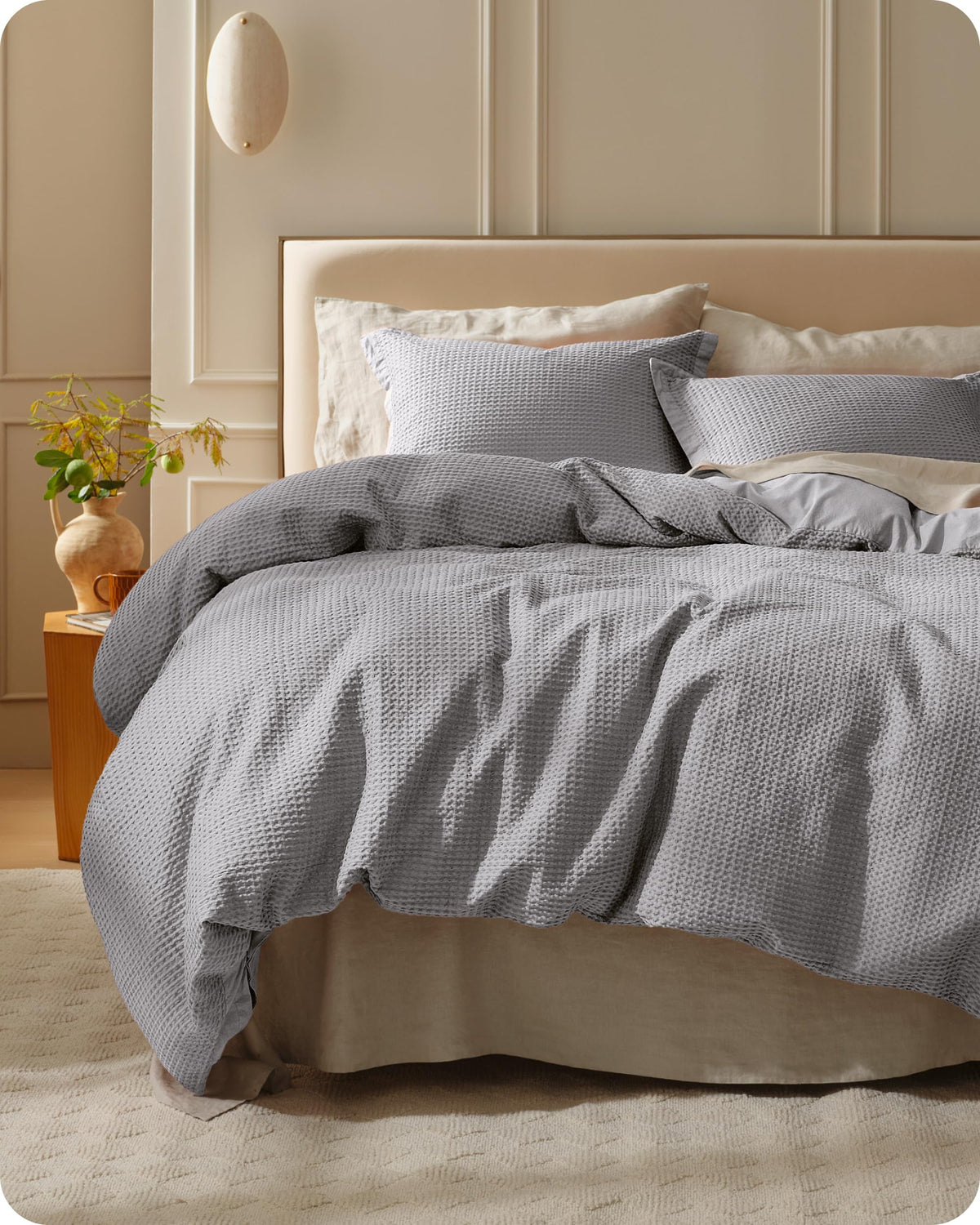 Bedsure PureWoven 3 Pieces 100% Cotton Waffle Duvet Cover Set, King, Linen