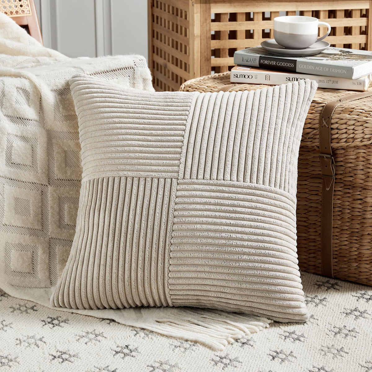 Fancy Homi Blush Pink Lumbar Decorative Throw Pillow Covers 12x20 Inch for Living Room Couch Bed, Rustic Farmhouse Boho Home Decor, Soft Striped Corduroy Rectangle Accent Cushion Case 30x50 cm