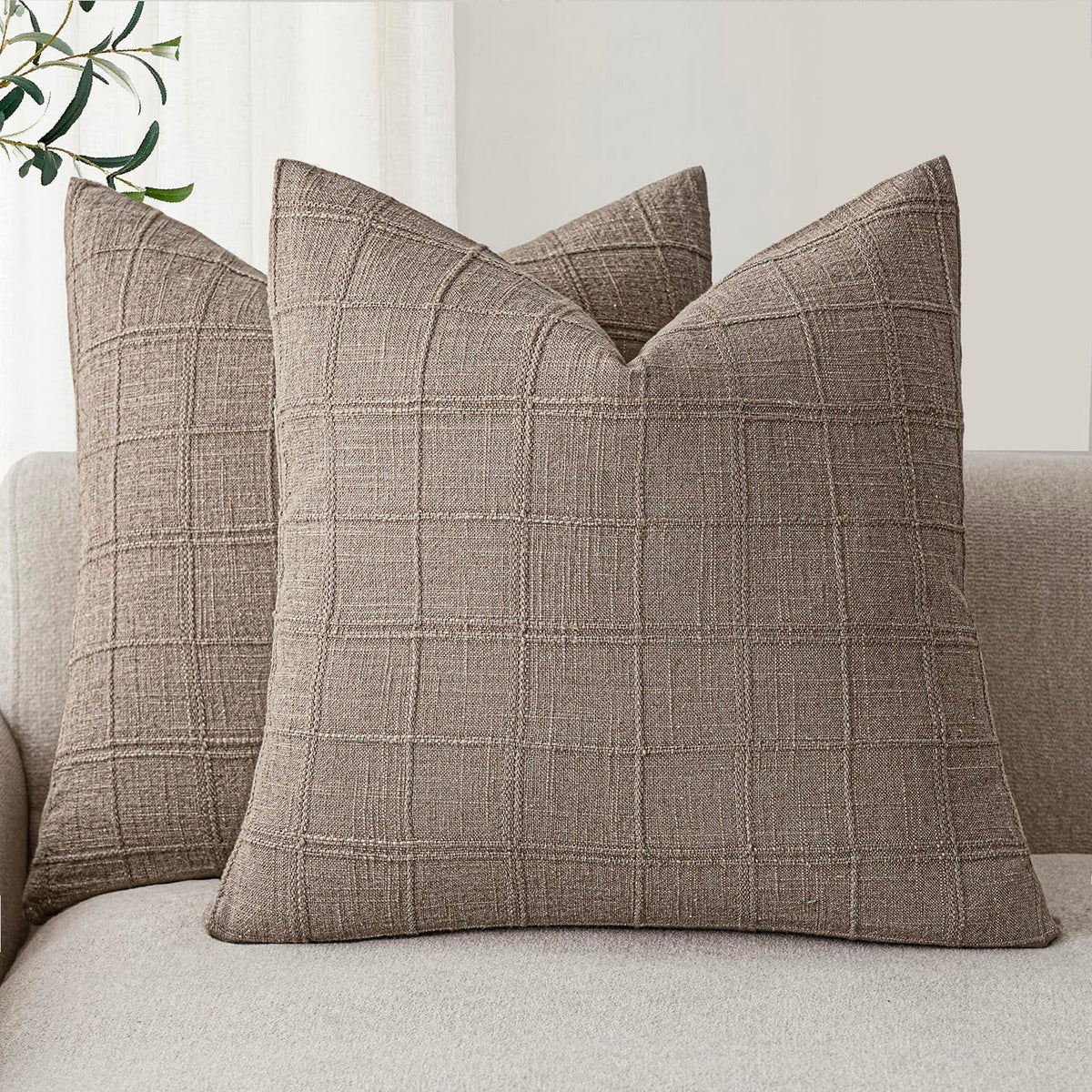 Foindtower Boho Linen Check Decorative Throw Pillow Cover 18×18 Olive Green