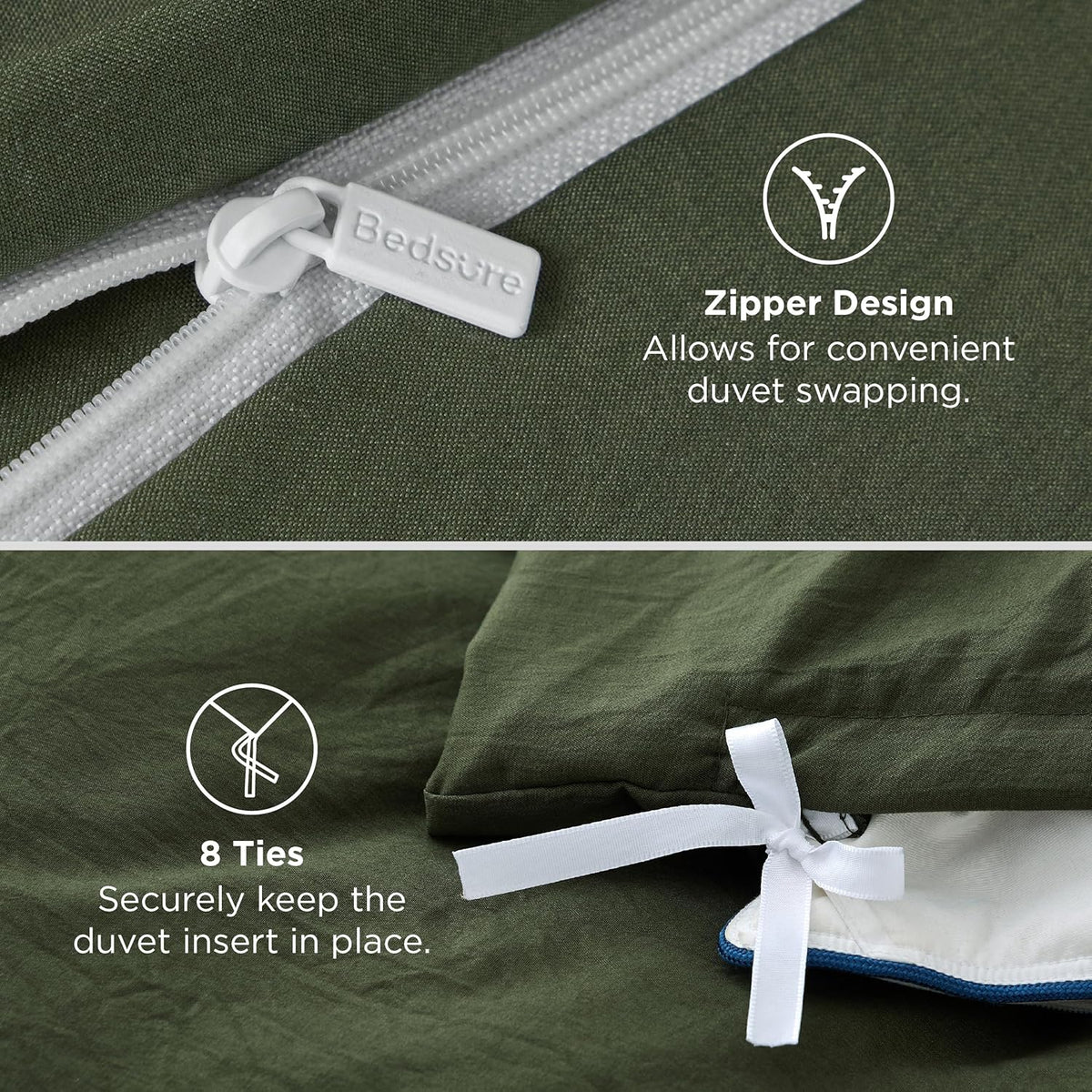 Bedsure Prewashed Duvet Cover Queen, Cotton-Like Bedding Set, Olive Green