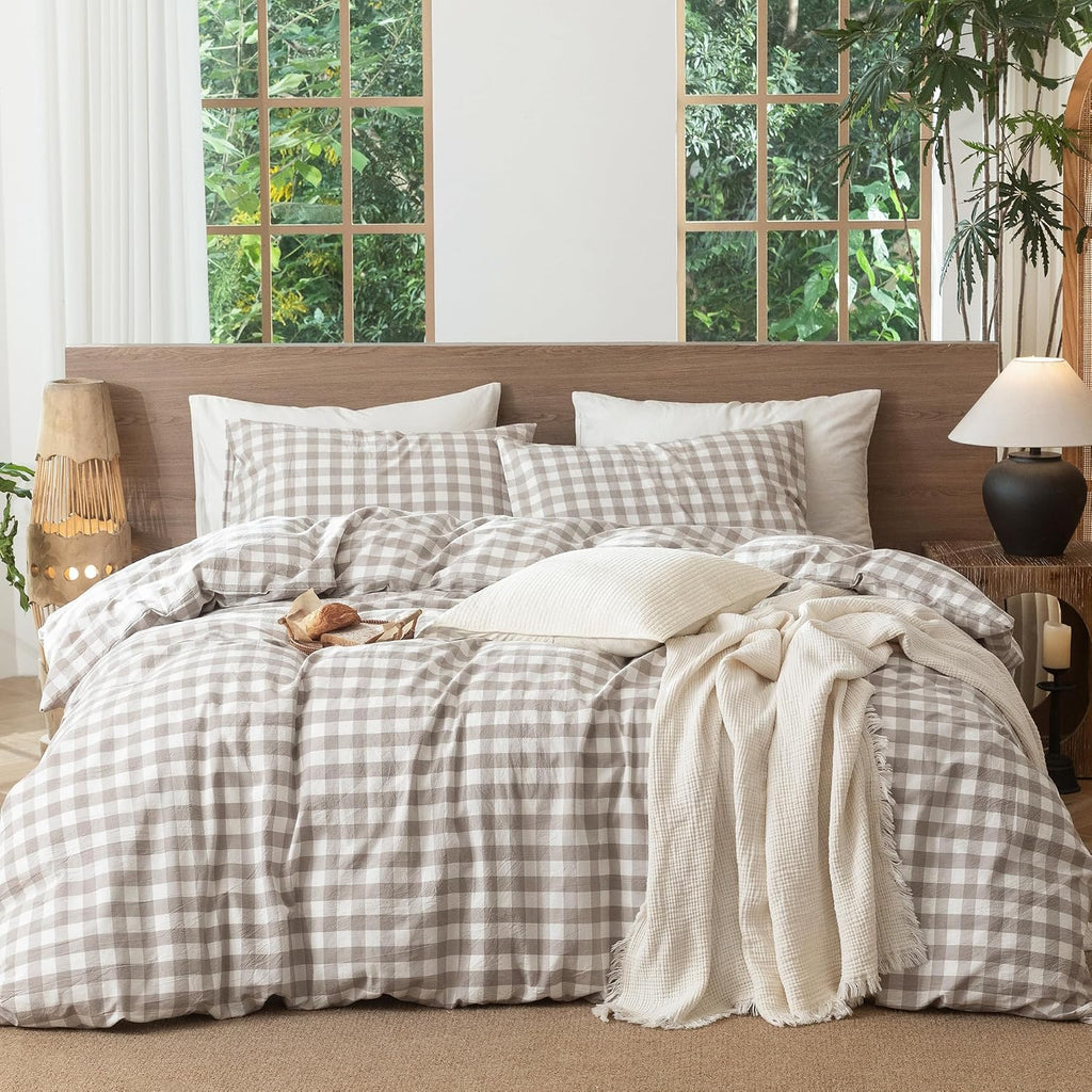 MooMee Gingham Duvet Cover Set 100% Washed Cotton Linen Like King