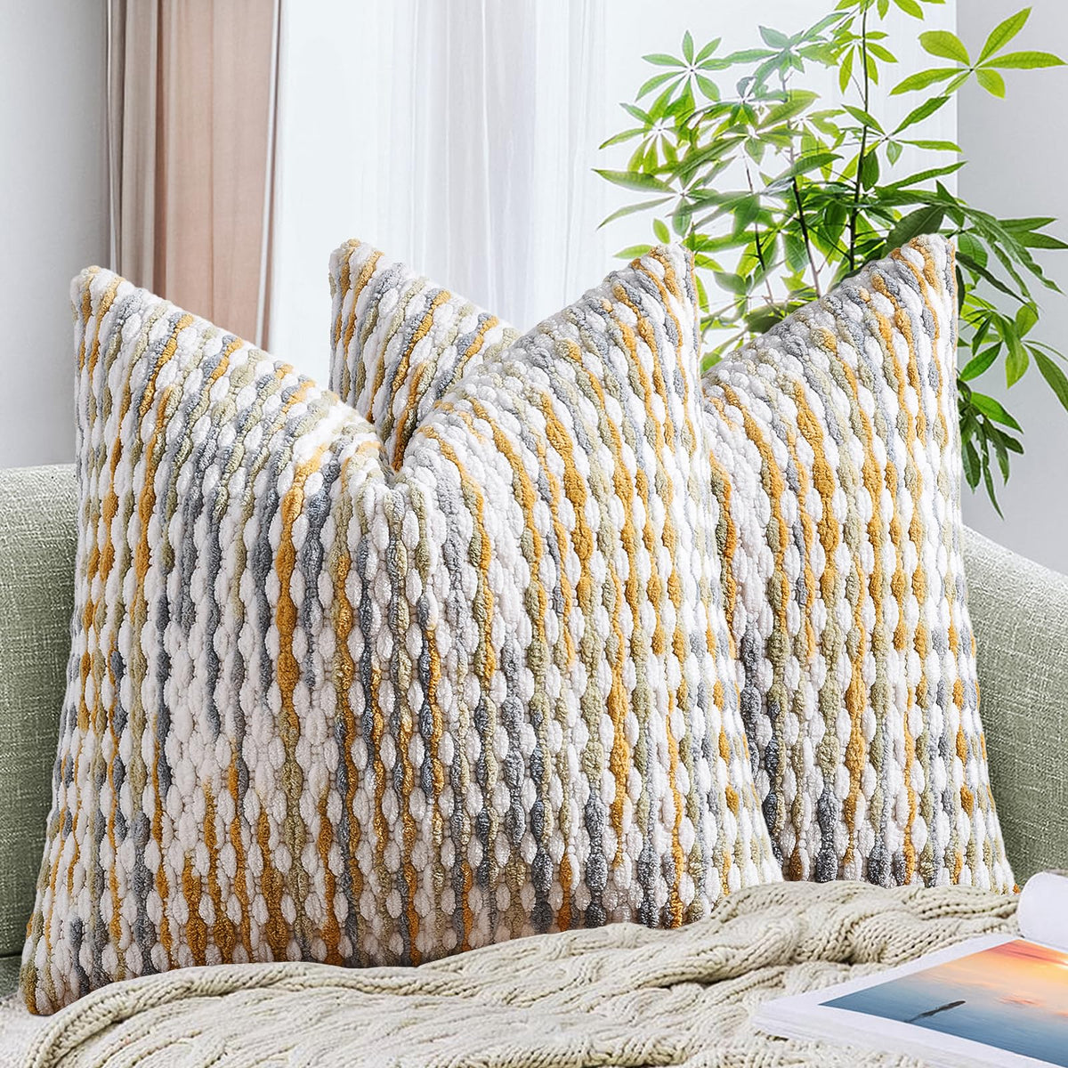 AmHoo Set of 2 Boho Chenille Pillow Cover,18 x 18-Inch Brown