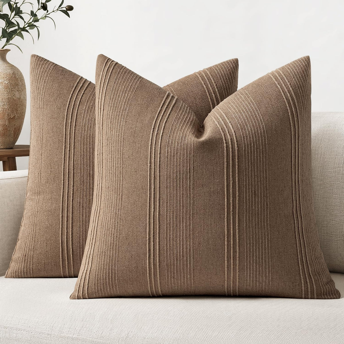 MIULEE Decorative Striped Throw Pillow Covers 18x18 in Natural Beige 2 Pack