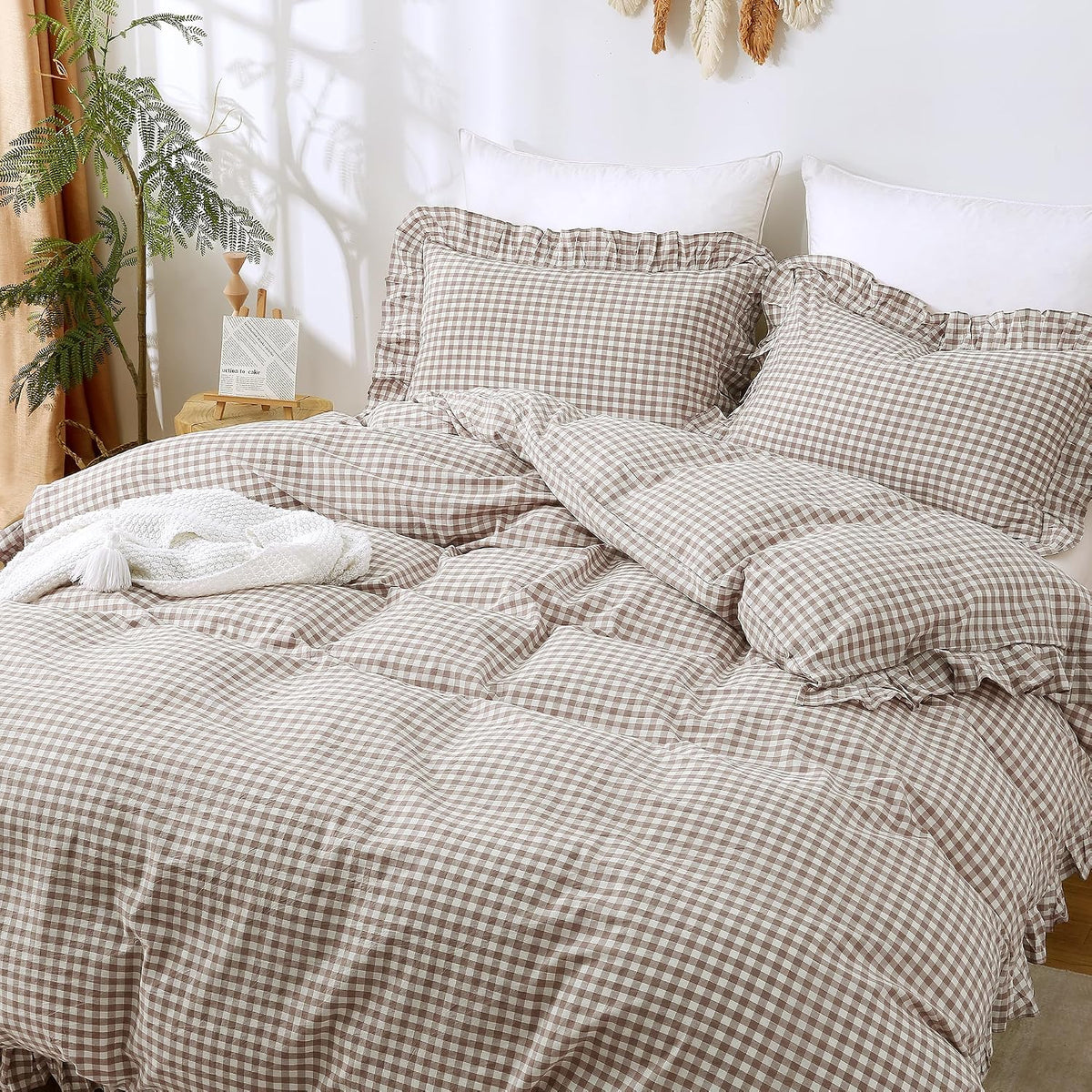 ATsense Tan Gingham Ruffle Duvet Cover Bedding Set Cotton Like Linen, Queen