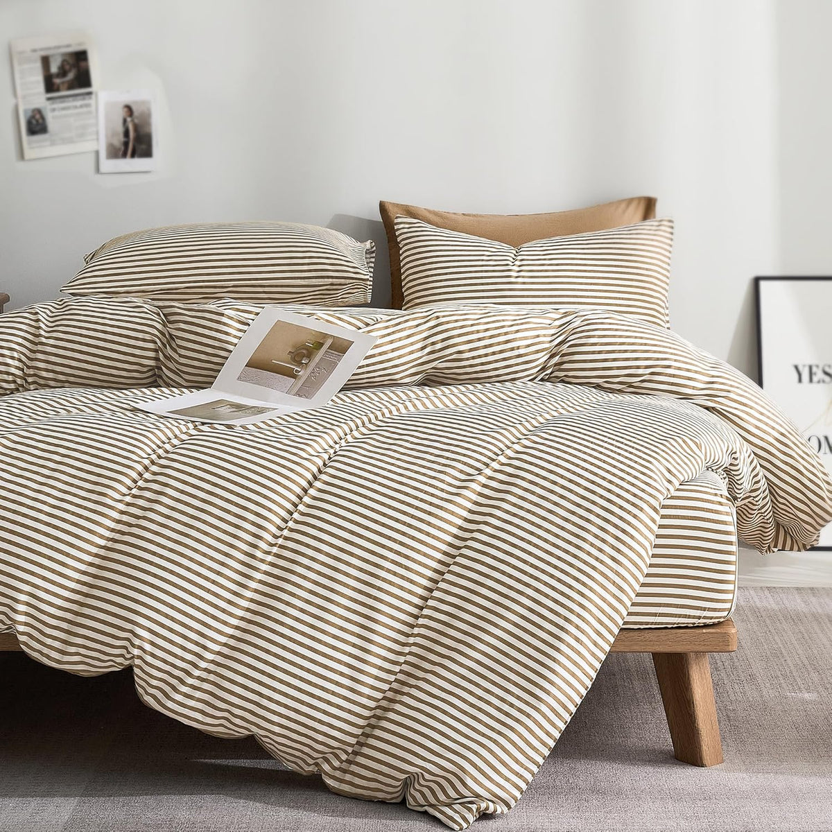 JELLYMONI 100% Cotton Classic Striped Queen Duvet Cover Set, Tan/White