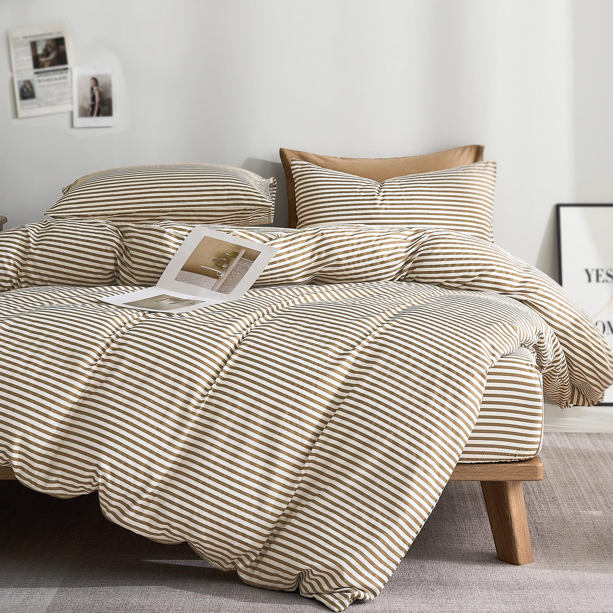 JELLYMONI 100% Cotton Classic Striped Queen Duvet Cover Set, Tan/White