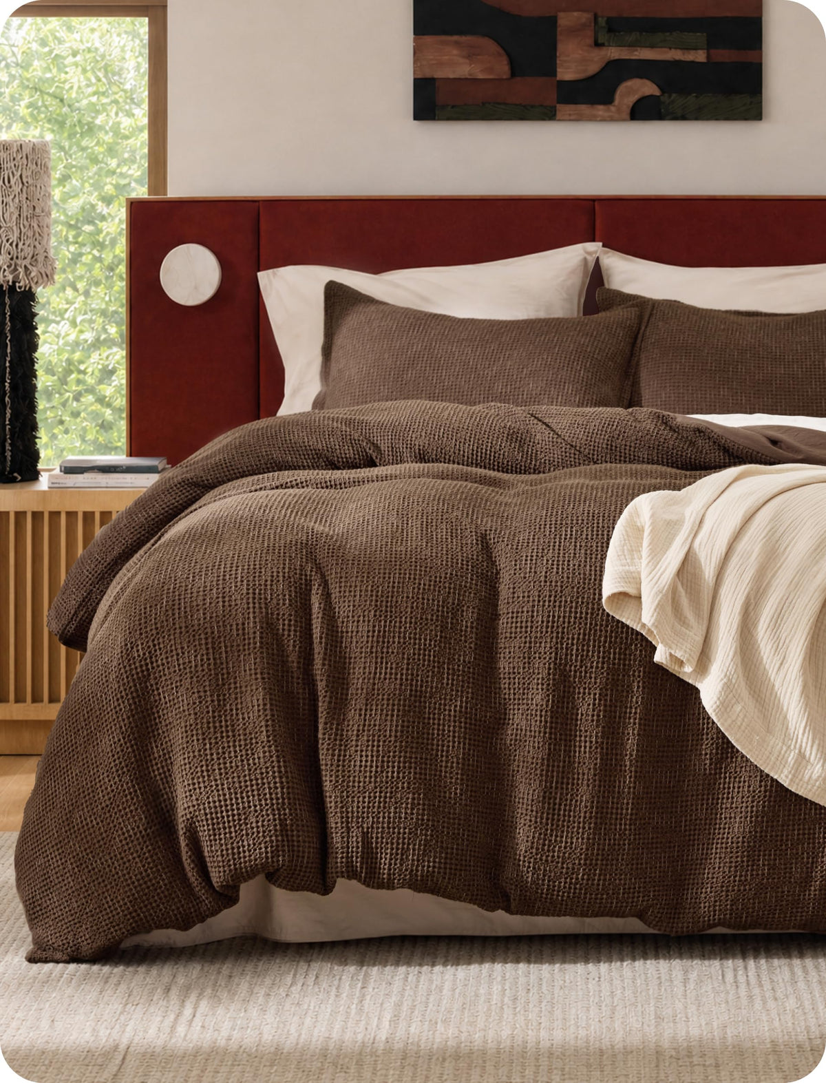Bedsure PureWoven 3 Pieces 100% Cotton Waffle Duvet Cover Set, King, Linen
