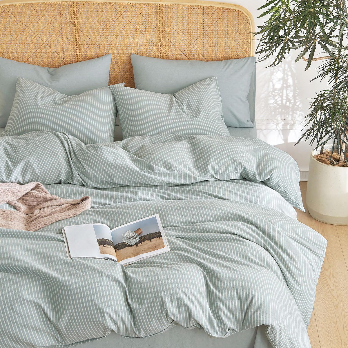 Wake In Cloud Striped Cotton Duvet Cover Set, Denim Blue, Queen