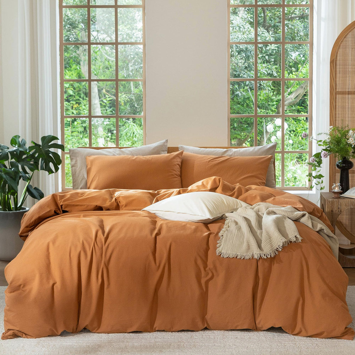 MooMee Duvet Cover Set 100% Washed Cotton Linen Like King