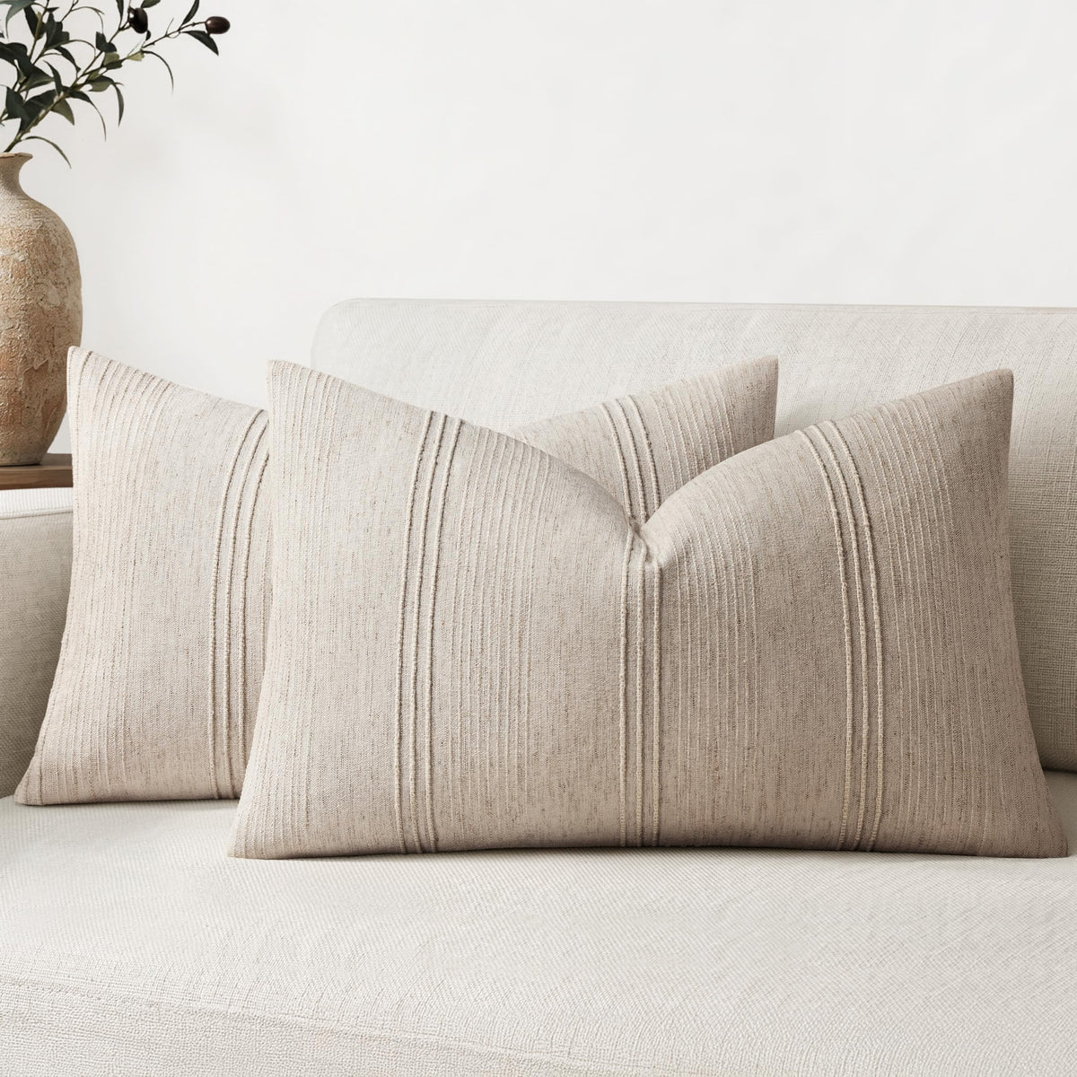 MIULEE Decorative Striped Throw Pillow Covers 18x18 in Natural Beige 2 Pack