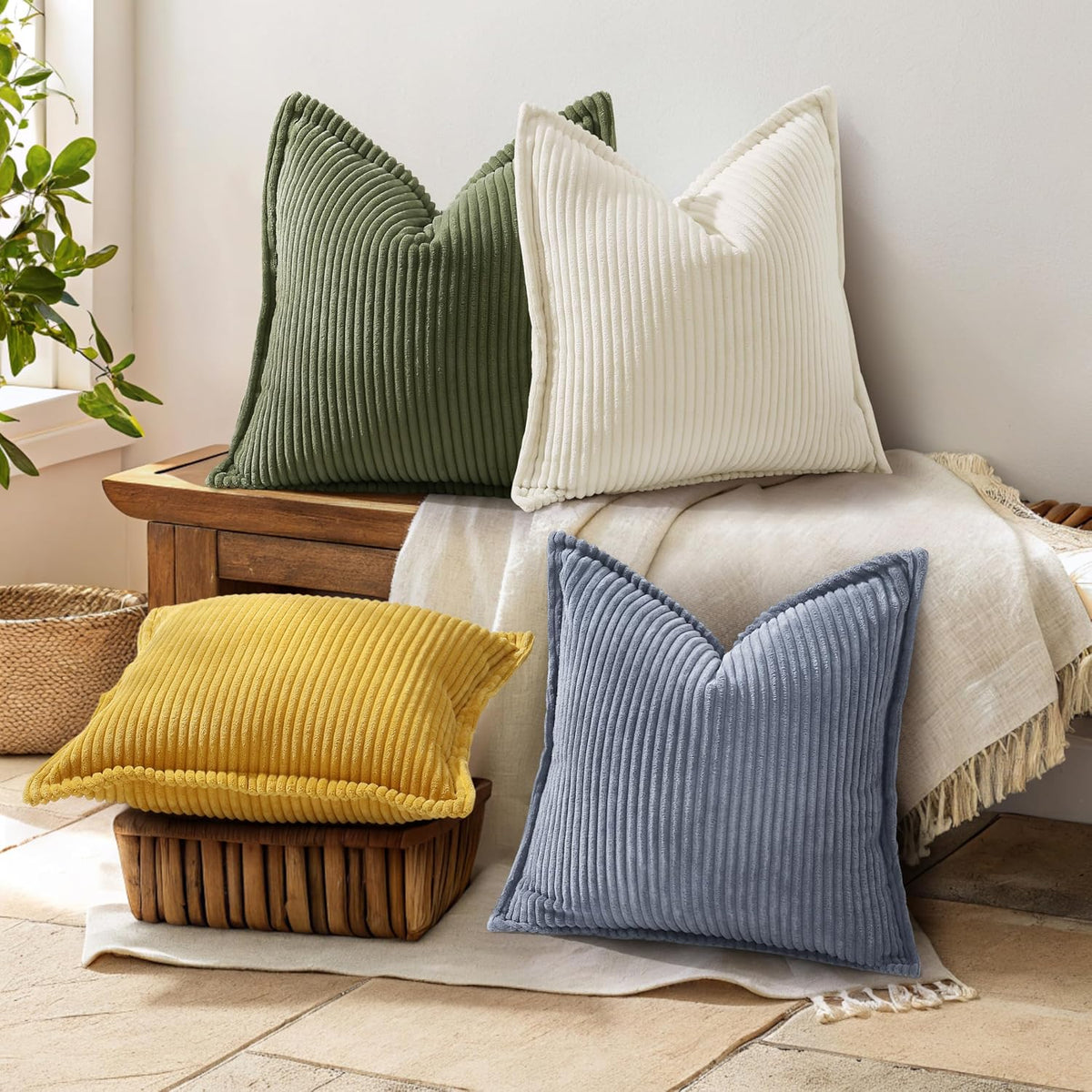 decorUhome Fall Corduroy Olive Green Throw Pillow Covers 18x18 Set of 2