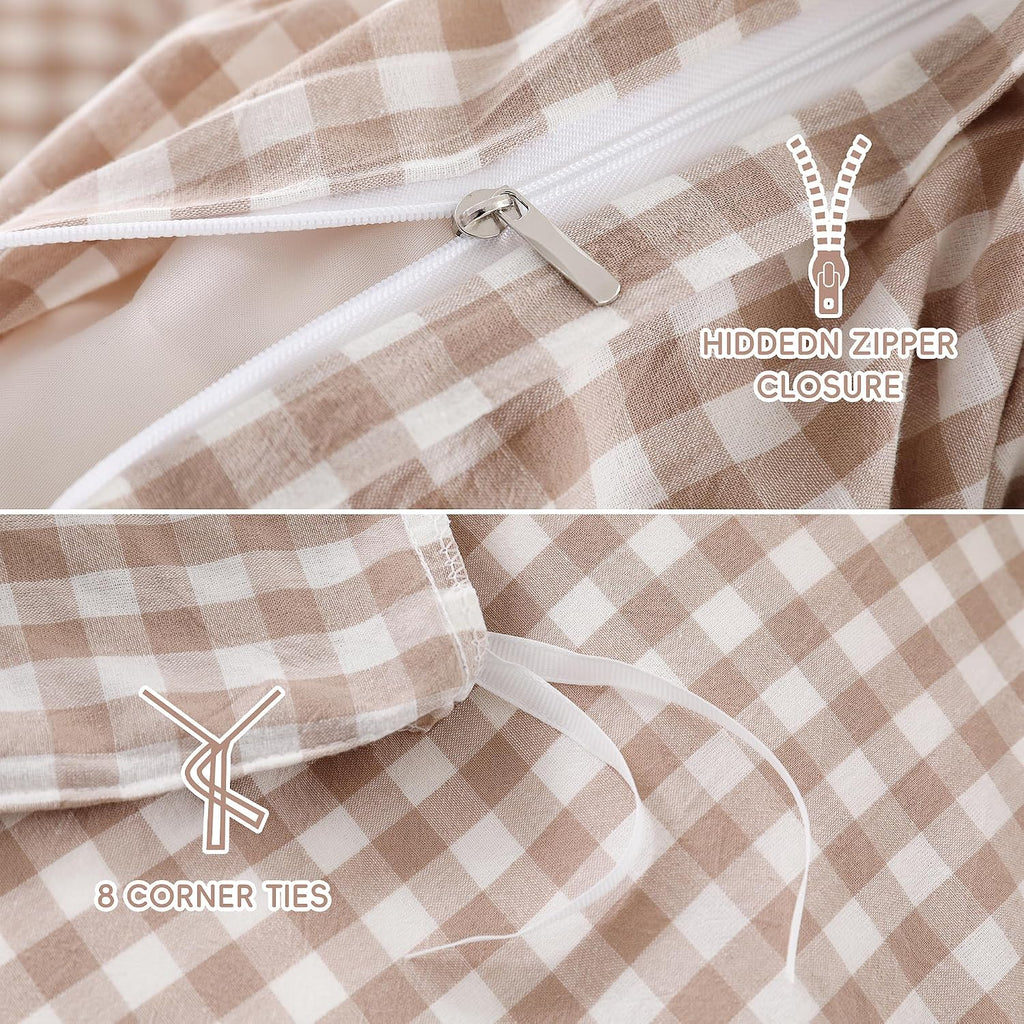 Cotton Brown Gingham Duvet Cover Bedding Set Linen Like, Queen