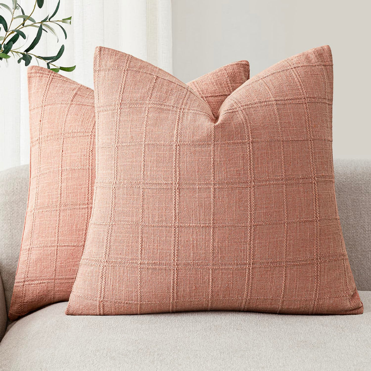 Foindtower Boho Linen Check Decorative Throw Pillow Cover 18×18 Olive Green