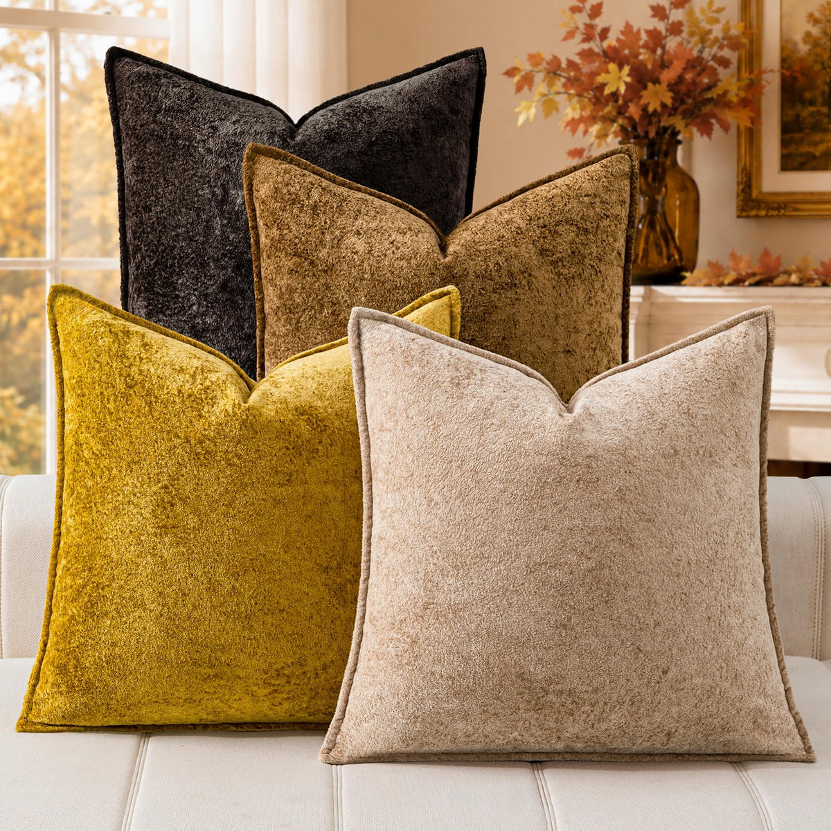 a moment Throw Pillow Covers 18X18 Inch 4 Packs,Soft Velvet Decorative Pillow Cases with 3D Ice Flower,Texture Modern Accent Cushion Covers for Sofa Couch Home Decor Modern Neutral