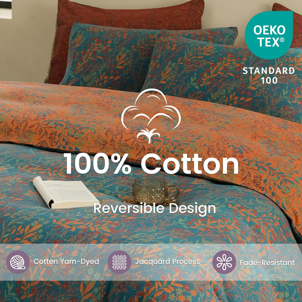 BISELINA 100% Cotton Muslin Duvet Cover Set King, 3 Pcs Yarn-Dyed Jacquard Textured Reversible Floral Design, Soft and Breathable Bedding Set with Zipper Closure, Blue Orange
