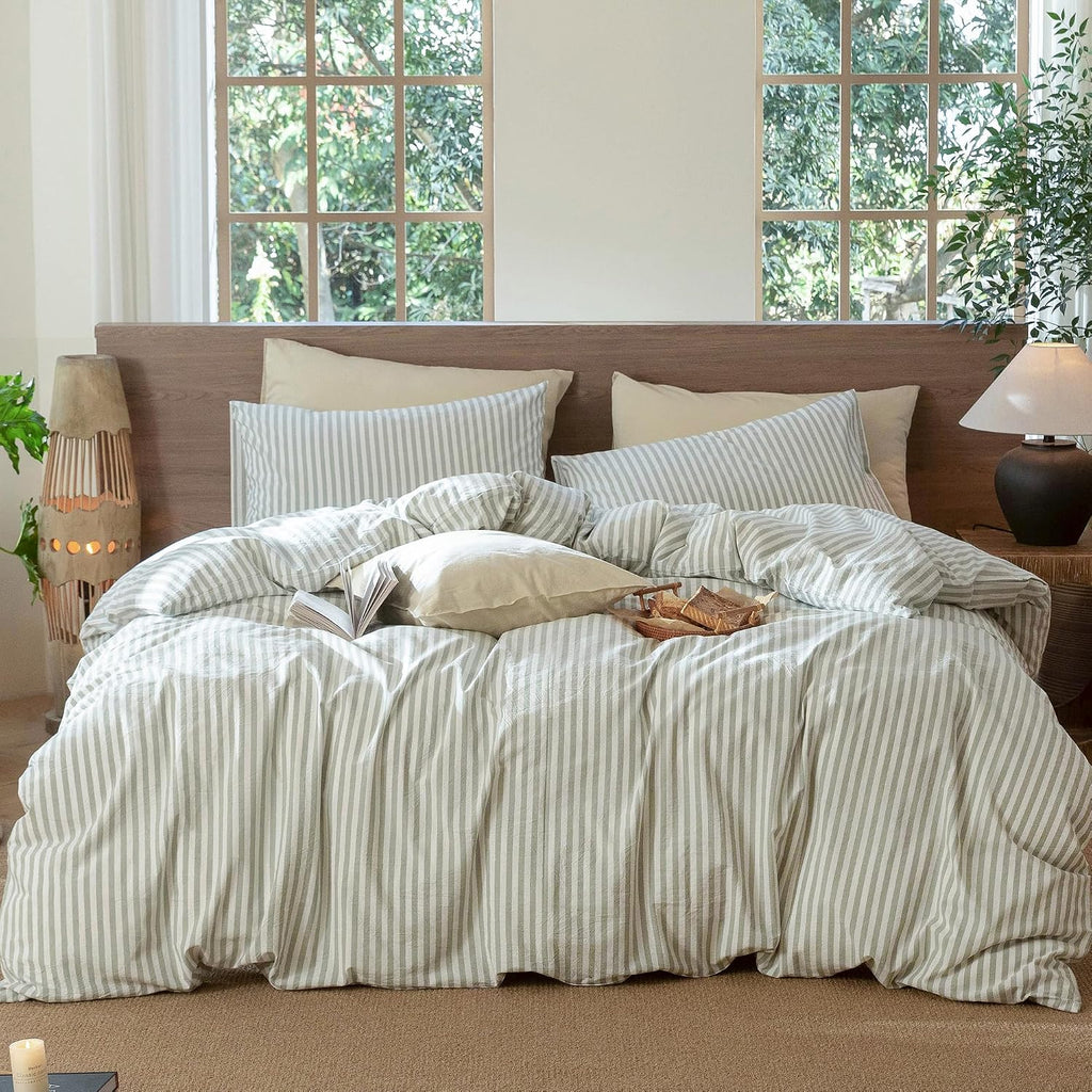 MooMee Striped Duvet Cover Set 100% Washed Cotton Linen Like Queen