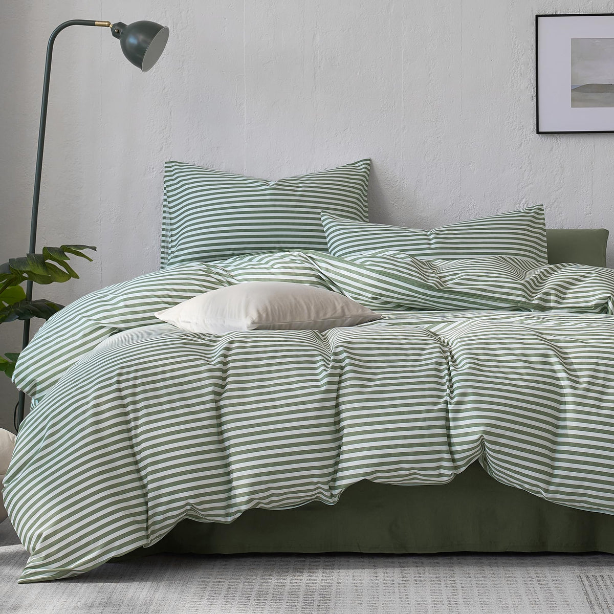 JELLYMONI 100% Cotton Classic Striped Queen Duvet Cover Set, Tan/White