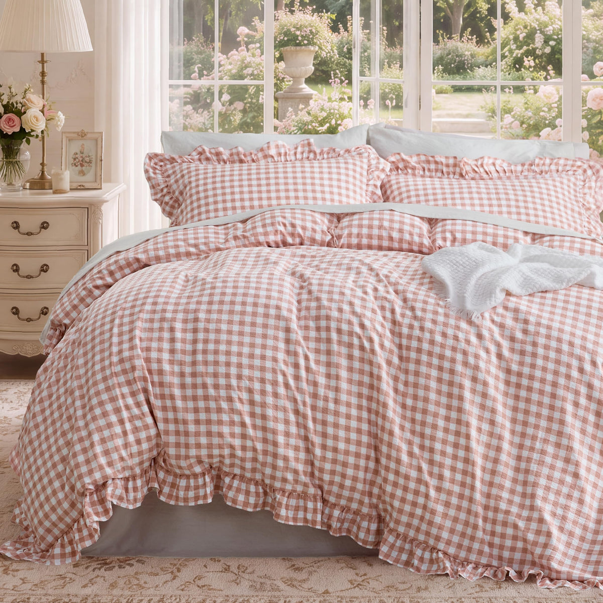 Bedsure Gingham Ruffle Duvet Cover Set, Queen, Cotton-Like Bed, Olive Green