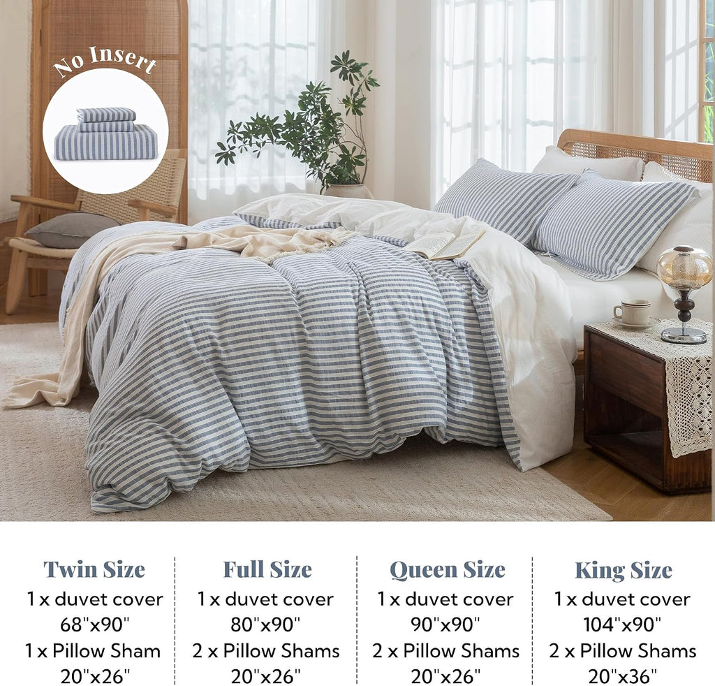 MILDLY Jacquard Striped Duvet Cover Set 3pcs Dual Zipper Blue Queen