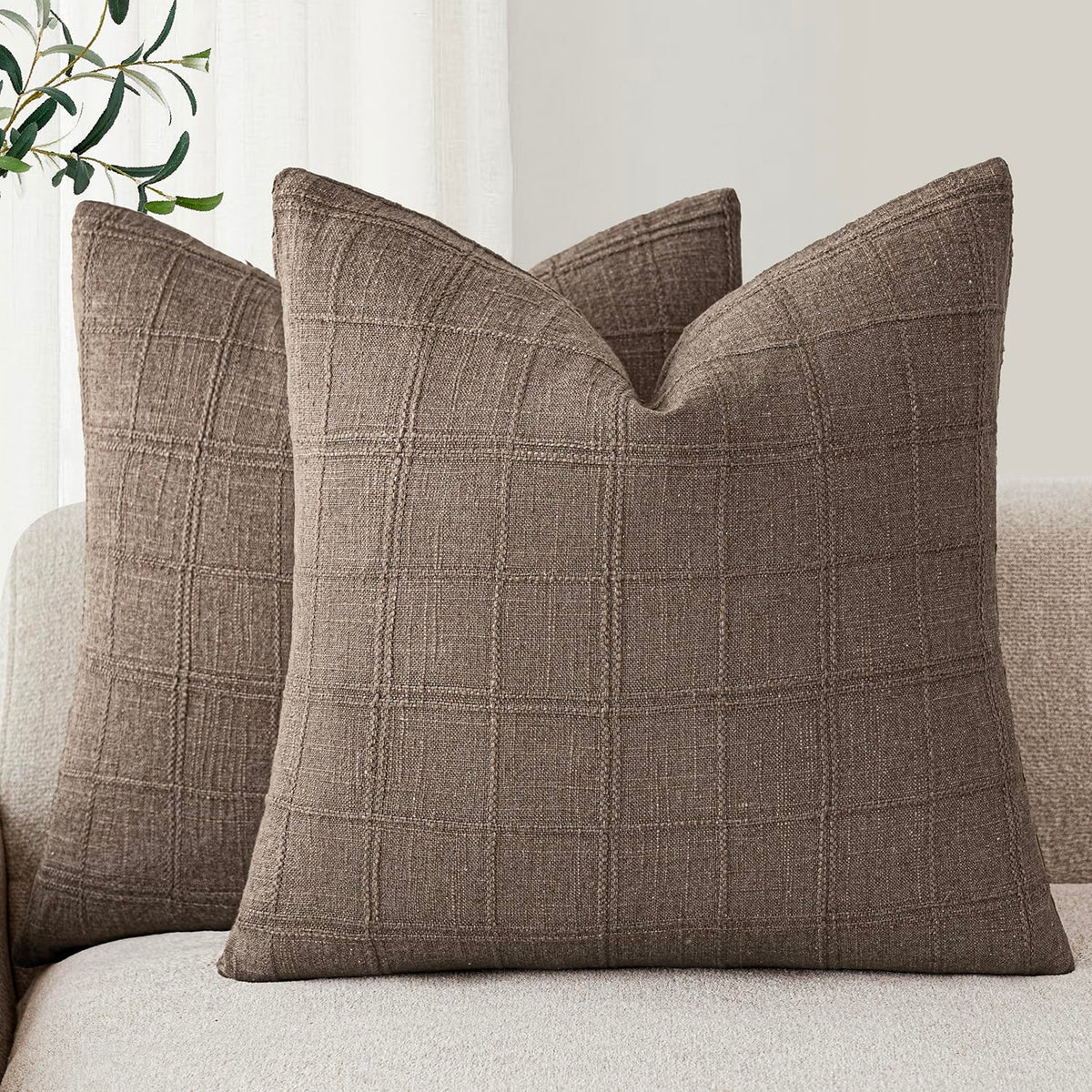 Foindtower Boho Linen Check Decorative Throw Pillow Cover 18×18 Olive Green
