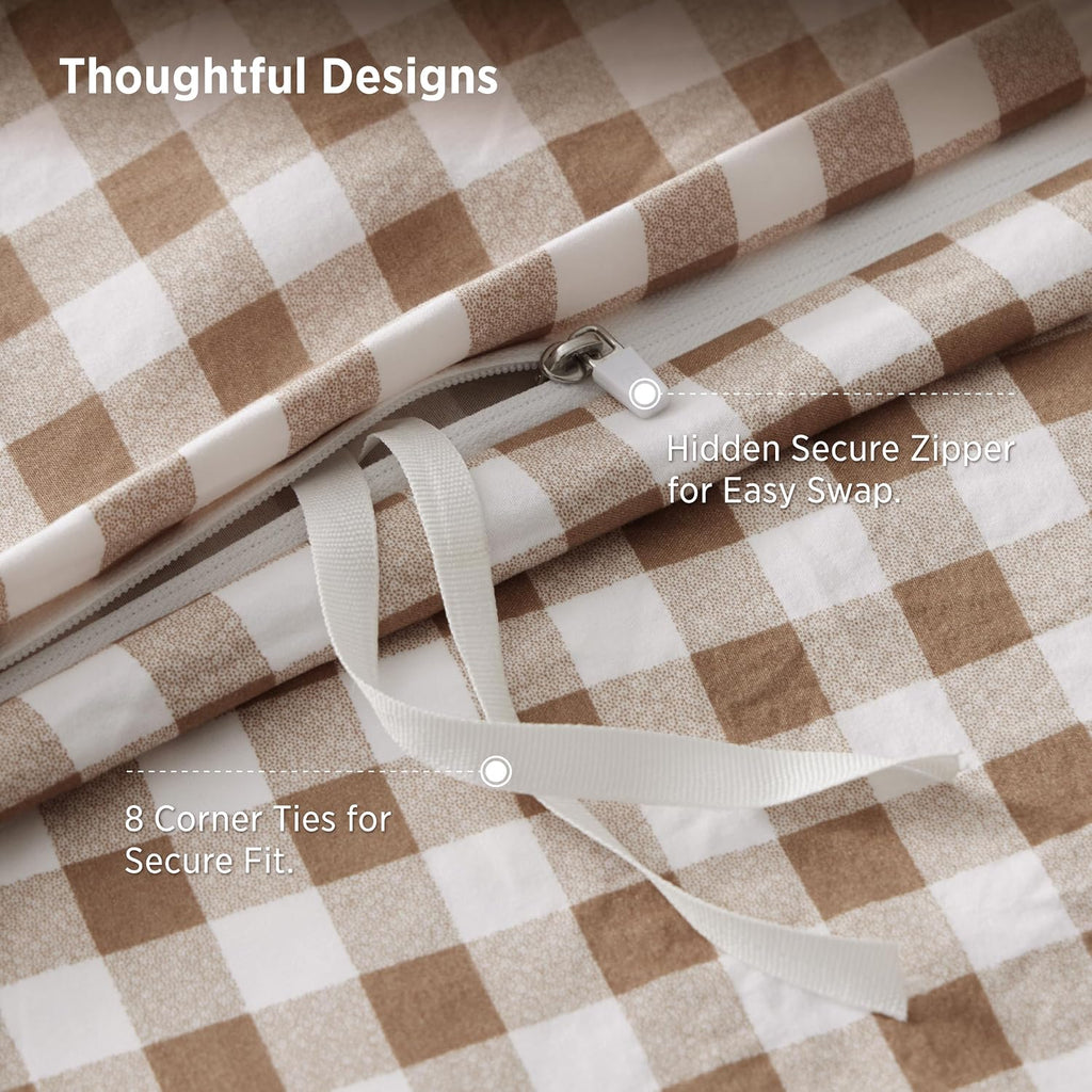 Bedsure Gingham Duvet Cover Set Cotton-Like Bedding Queen Size, Brown