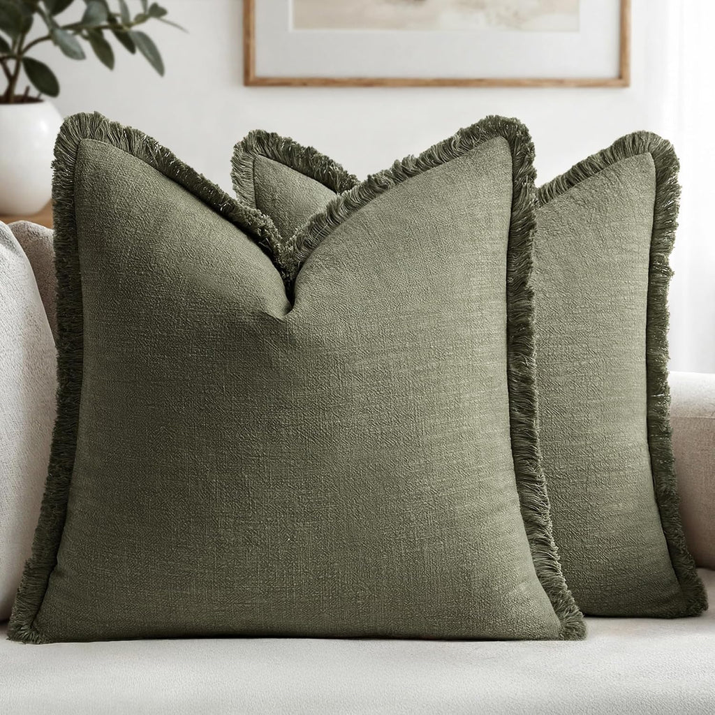 MIULEE Boho Linen Fringe Decorative Throw Pillow Covers Olive Green 20x20