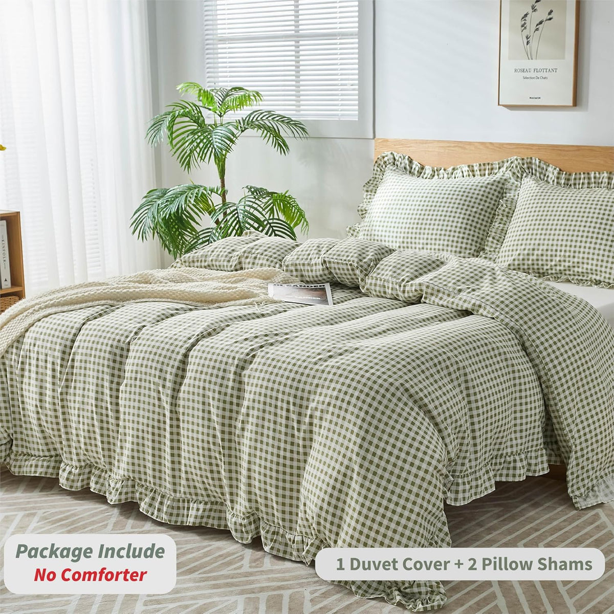 Gingham Duvet Cover Queen Size, 3 Pieces Soft Breathable Microfiber Plaid Duvet Cover with Zipper Closure & 2 Pillow Shams, Ruffle Farmhouse Vintage Decor, Sage Green